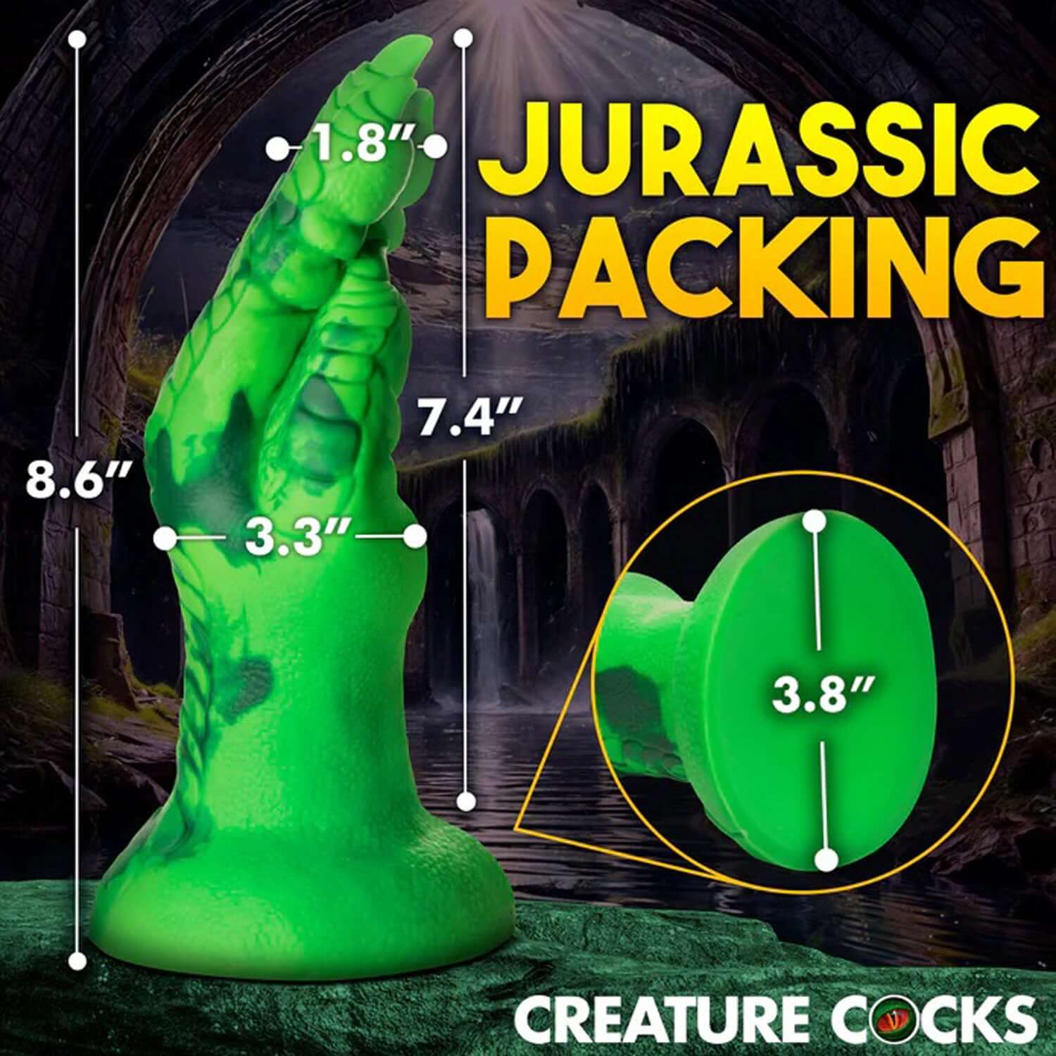 Green Raptor Claw Fisting Silicone Dildo with Dimensions for Kinky Pleasure from Creature Cocks.