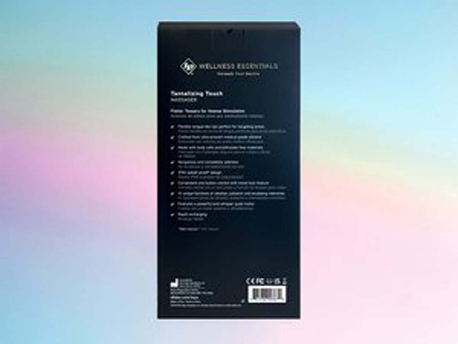 Tantalizing Touch Massager packaging showing features and specifications for intense stimulation and body-safe materials.