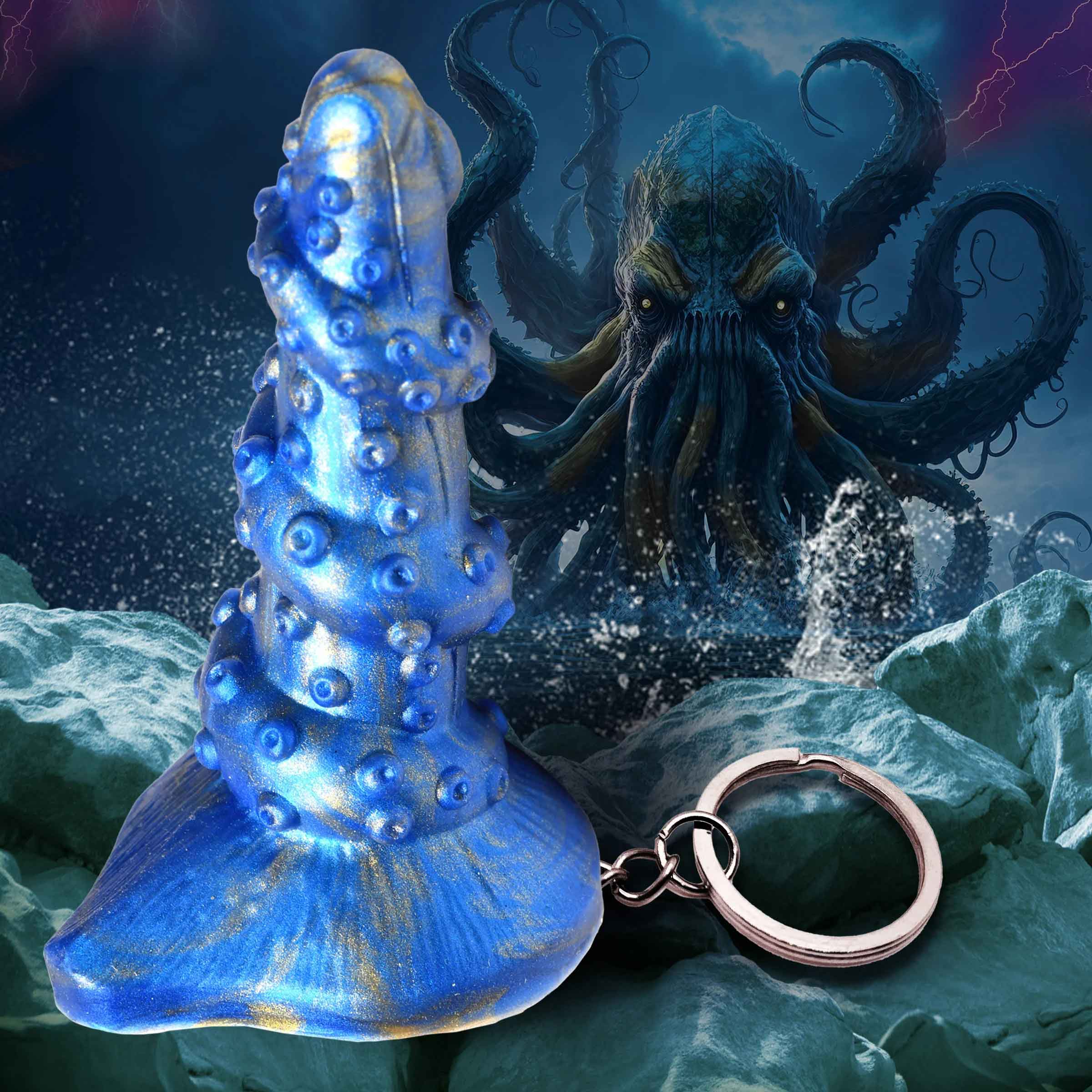 Lord Kraken blue tentacle keychain with mystical creature background, perfect for fantasy roleplay and kinky fun accessories