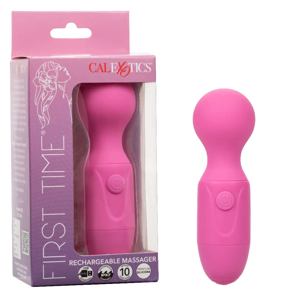 Pink First Time Rechargeable Massager with packaging showing button control and flexible neck.