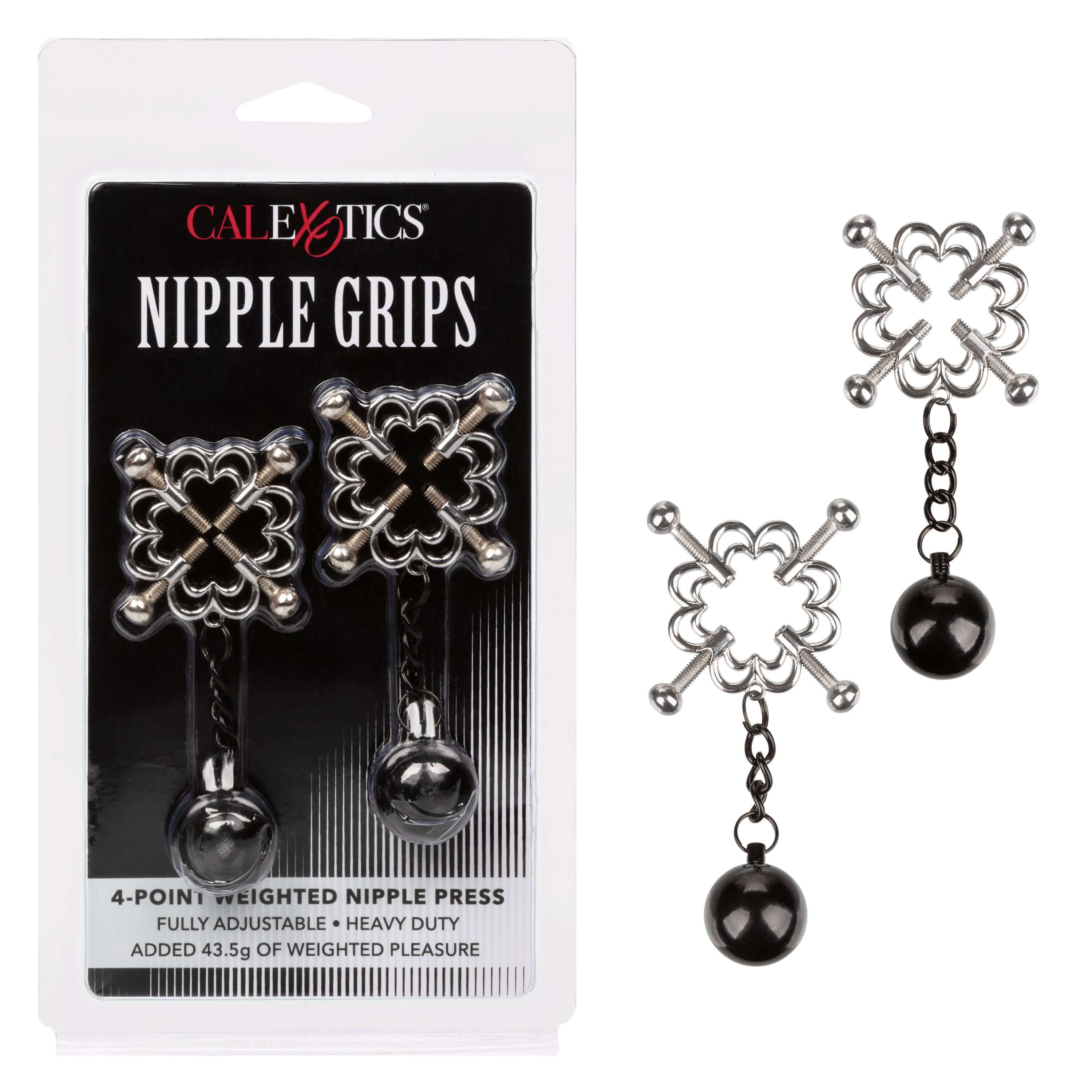 Nipple Grips 4-Point Weighted Nipple Press with adjustable screws and weights for sensational nipple play, packaged and displayed.