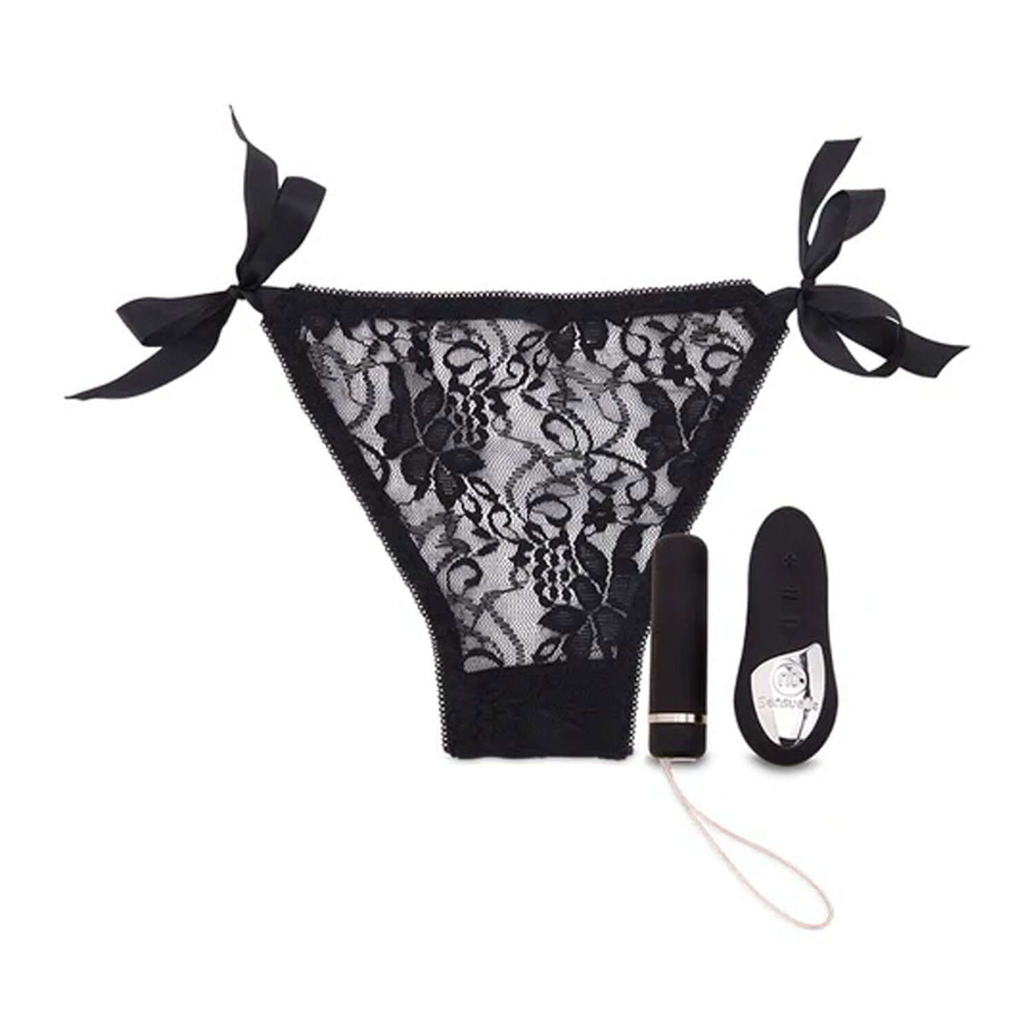 Black lace remote control pleasure panty with vibrating bullet and remote, featuring satin ties for adjustable fit.