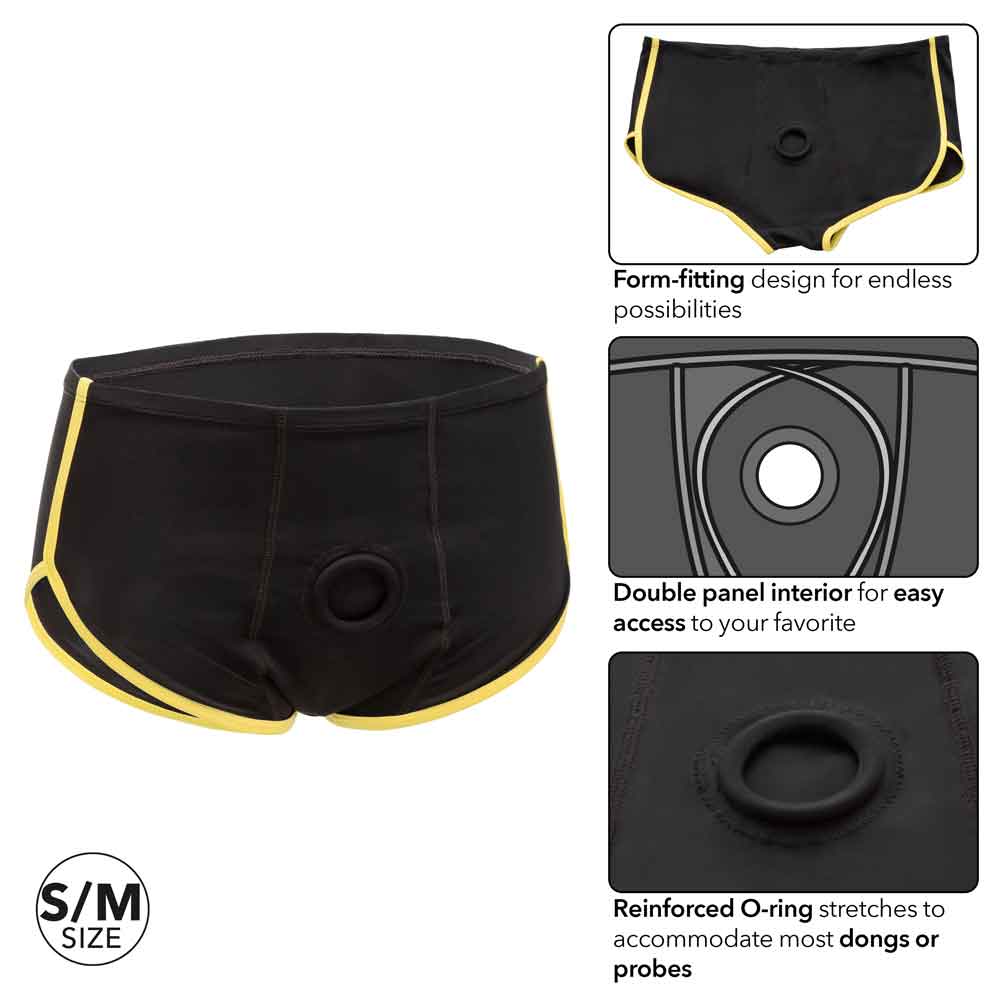 Boundless Black and Yellow Brief, small/medium size, featuring form-fitting design, double panel interior, and reinforced O-ring for added functionality.