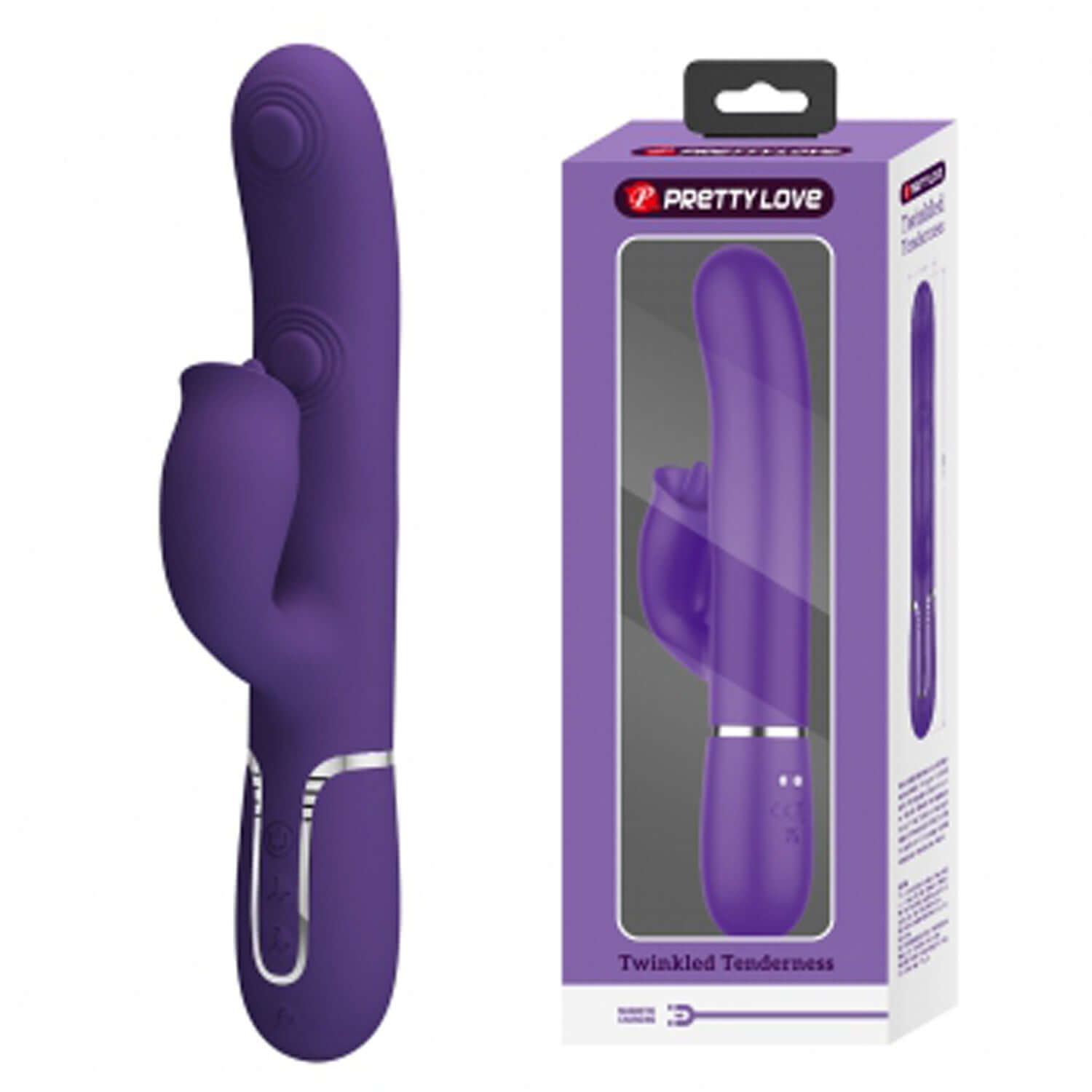 Gigi Twinkled Tenderness Rabbit Vibrator in purple, showcasing silicone design, packaging, and dual stimulation features.