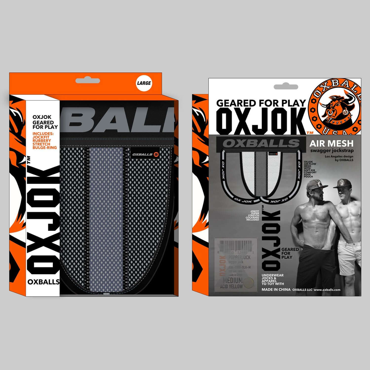 Airmesh Upthrust Slider-Strap Jock Tar Black Large packaging front and back view featuring Oxballs brand design.