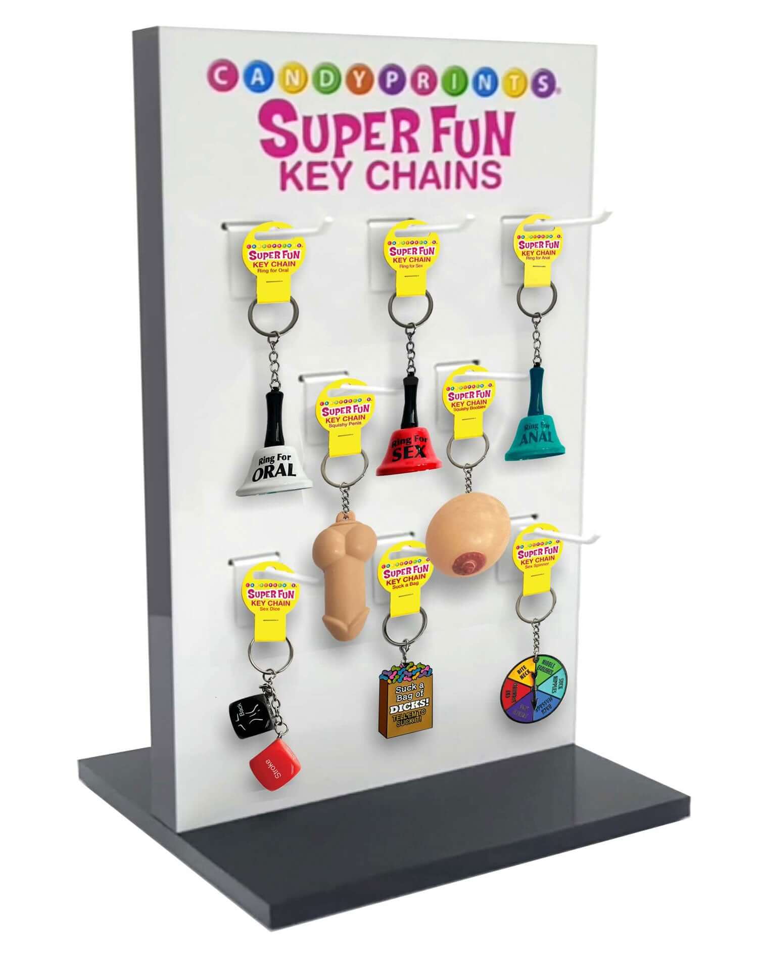 Retail display with Super Fun adult-themed keychains featuring humorous designs.