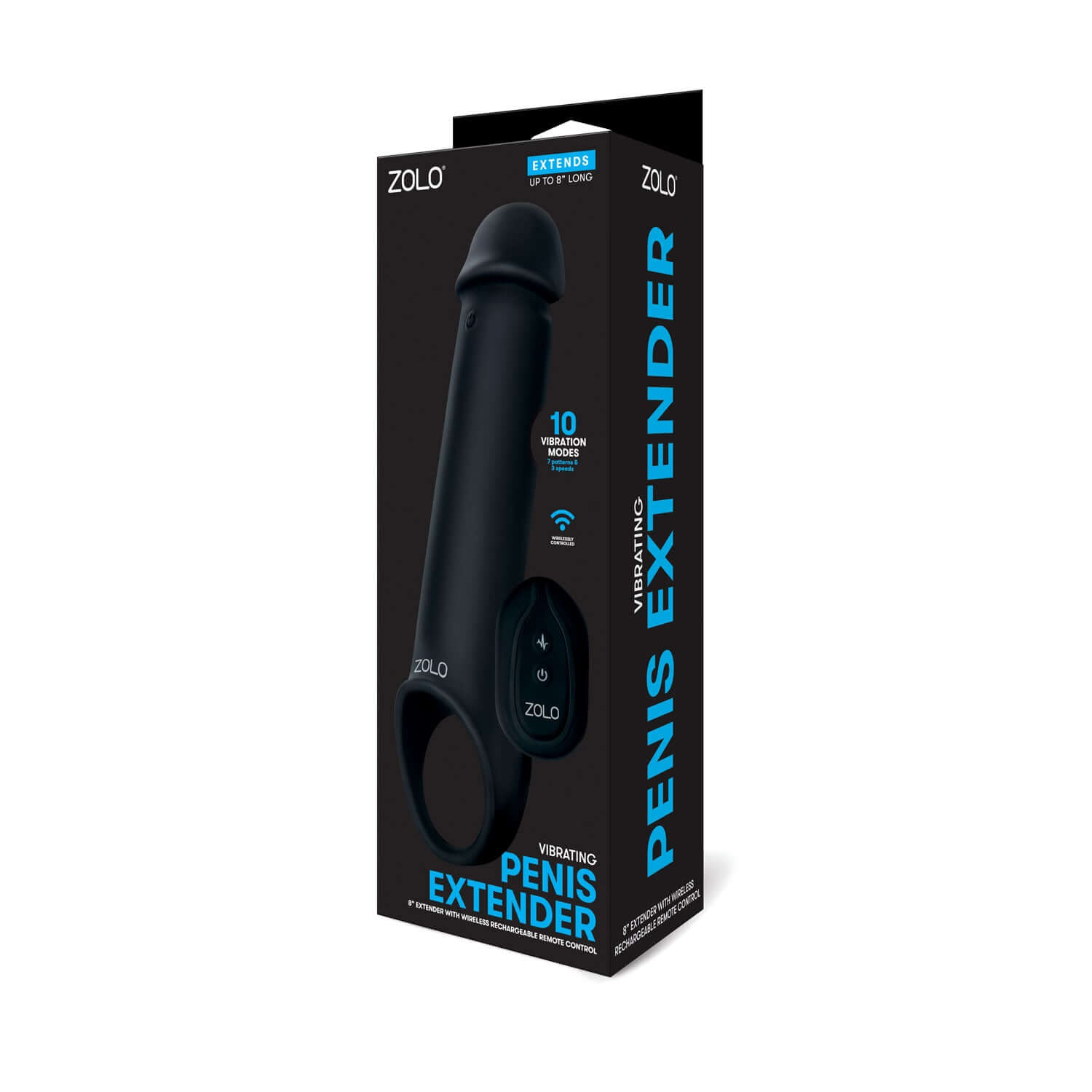 Zolo Vibrating Penis Extender packaging in black with remote control, showcasing 10 vibration modes for enhanced size and pleasure.