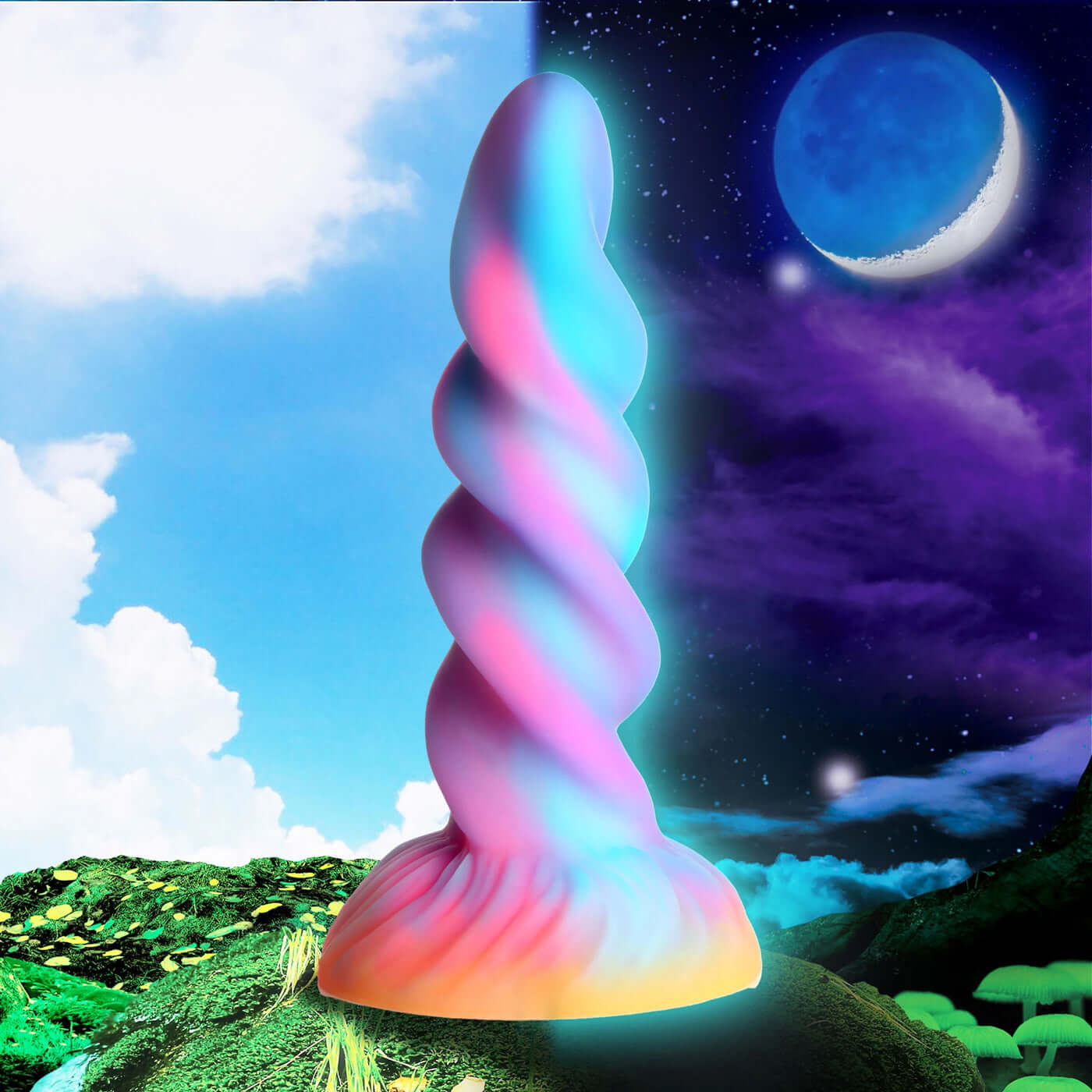 Moon Rider Glow-in-the-Dark Unicorn Dildo in multicolored hues with spiral horn design, glowing under a bright moon and day sky.