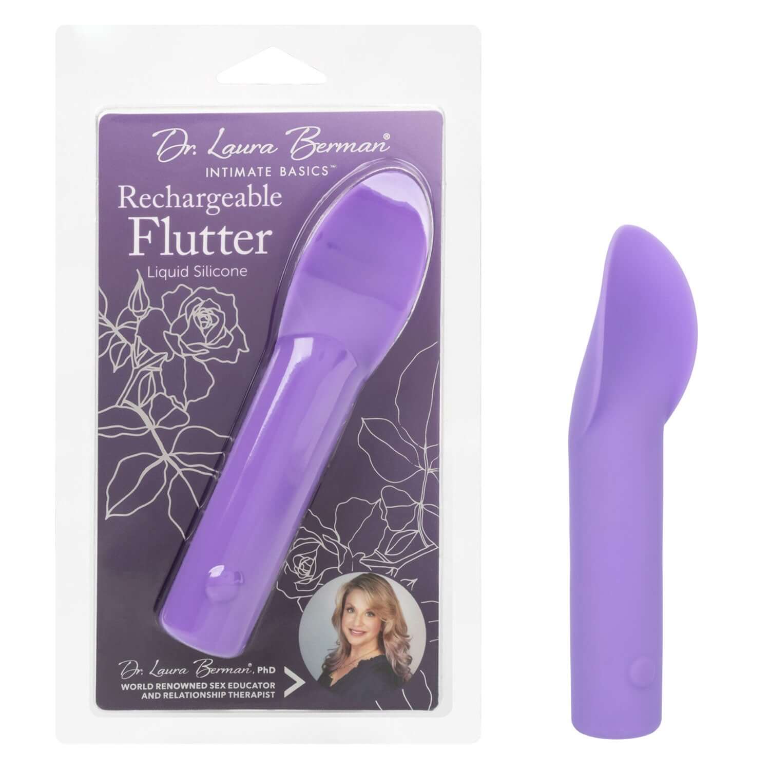 Dr. Laura Berman Rechargeable Flutter in purple, shown in packaging and as a standalone adult toy, for full coverage stimulation.