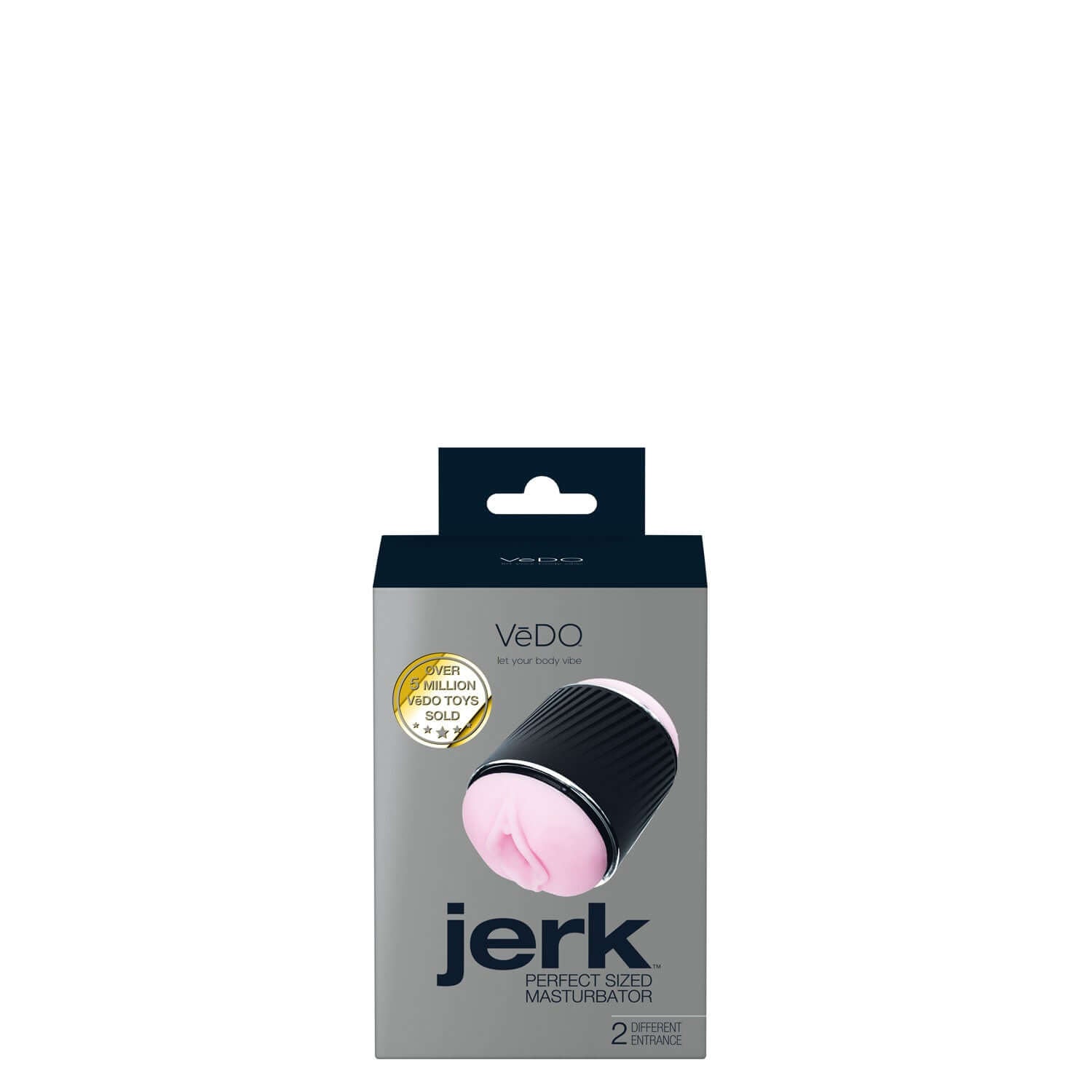 Packaging of Jerk Perfect Sized Masturbator in pink with anti-slip grip, compact design, and body-safe material.