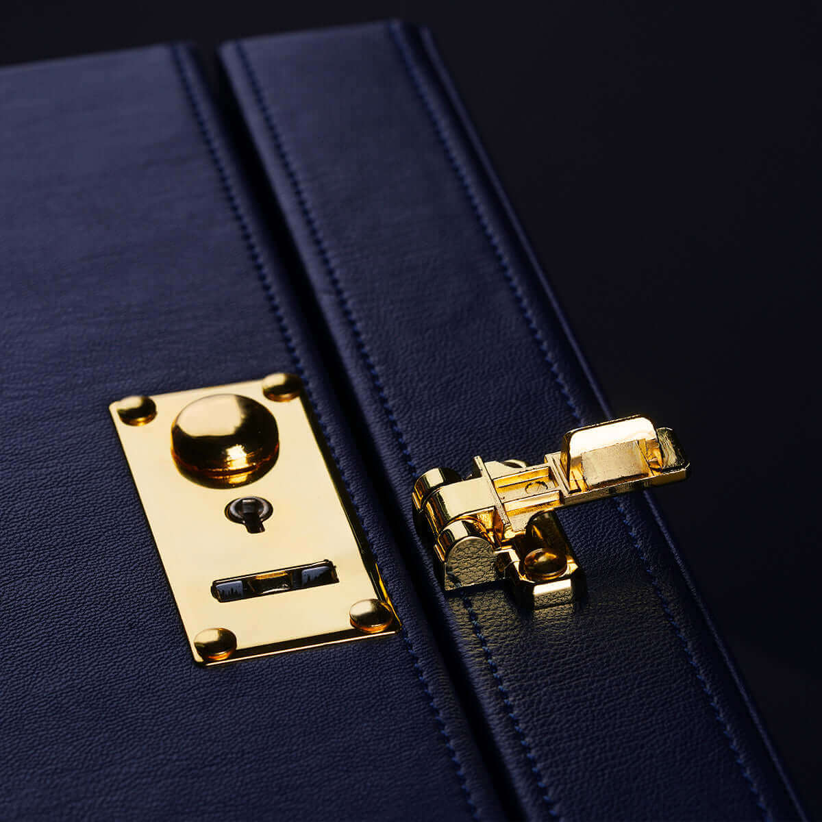 Close-up of the gold lock and hinge on the luxurious UPKO Black Label Deluxe Kit storage case.