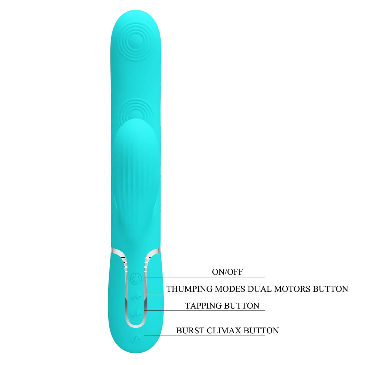 Perdita Twinkled Tenderness Vibrator in turquoise with labeled on/off button, thumping modes, dual motors, tapping settings, and burst climax button.