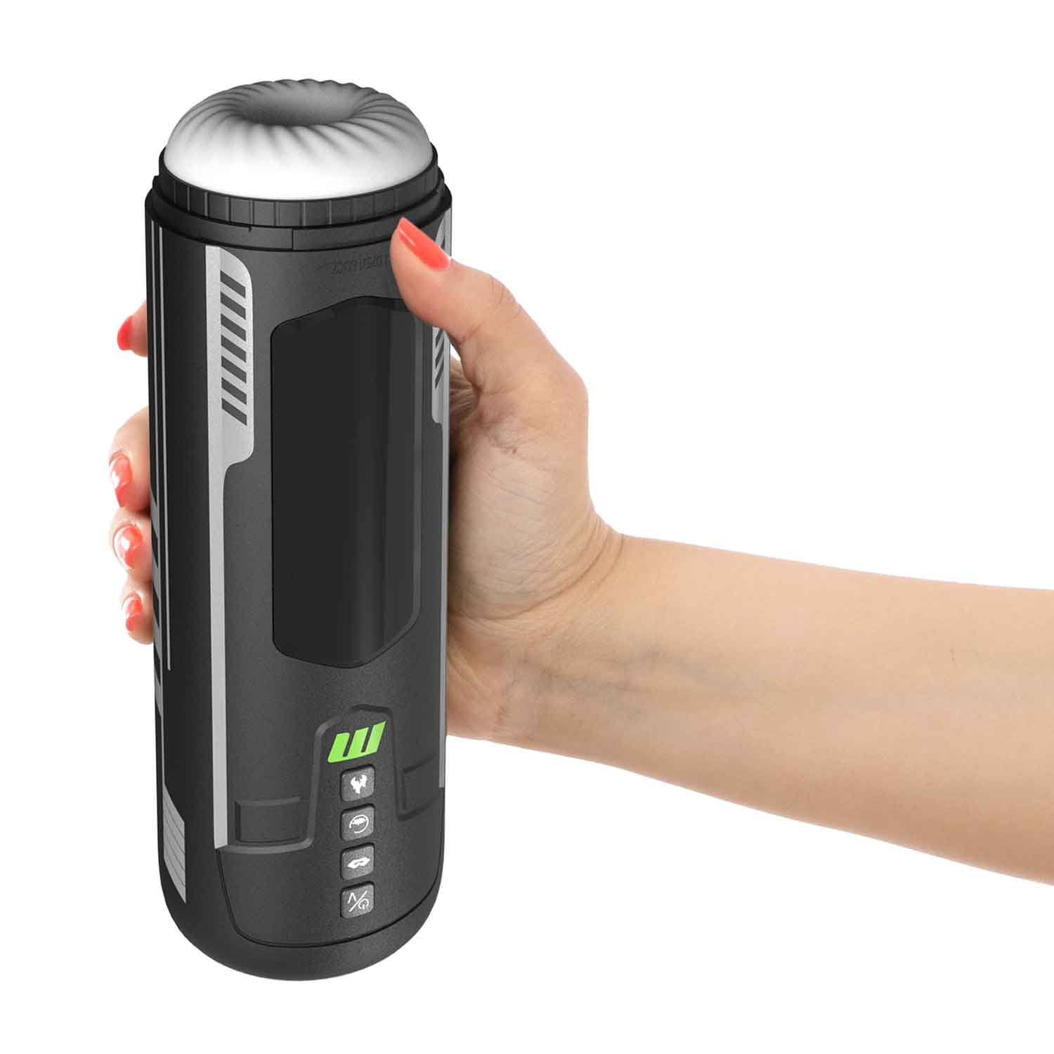 Person holding M for Men - Master Blaster automatic male masturbator in black, showcasing its durable and discreet design with protective cover.