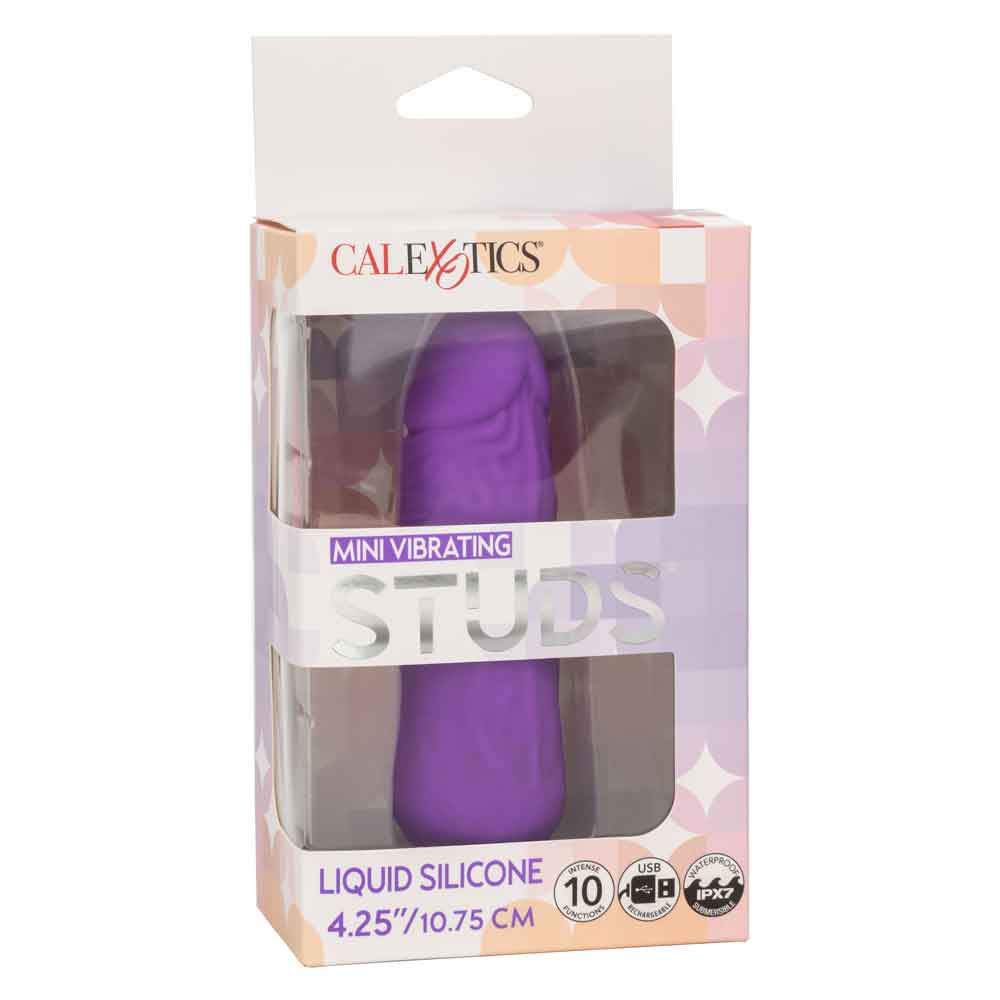 Mini Vibrating Studs Dildo in purple packaging showcasing 4.25"/10.75 cm liquid silicone vibe with 10 functions by CalExotics