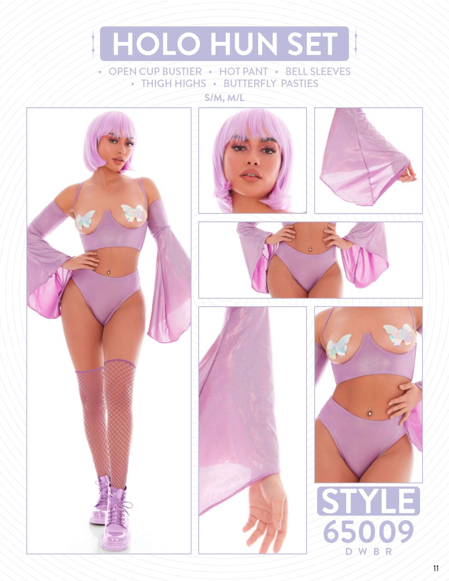 Purple Holo Hun 5pc set with bra, panties, sleeves, thigh highs, and butterfly pasties. Nylon-spandex blend. Style 65009.