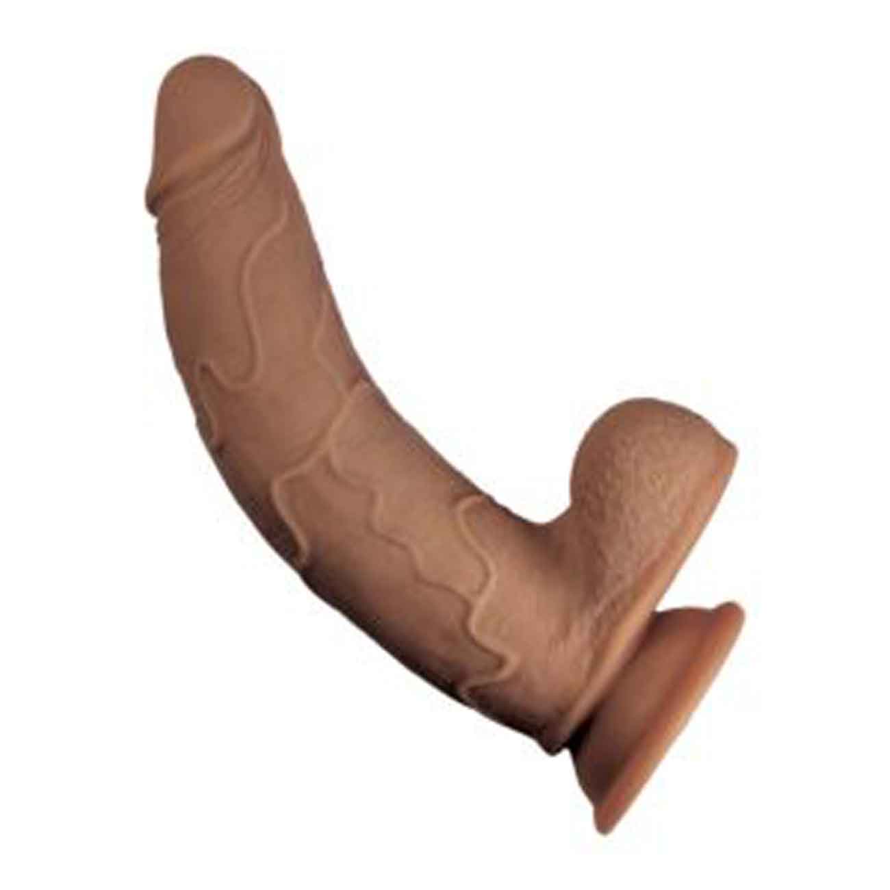 Realcocks Dual Layered brown dildo with realistic veiny texture and testicles for lifelike intimate experience.