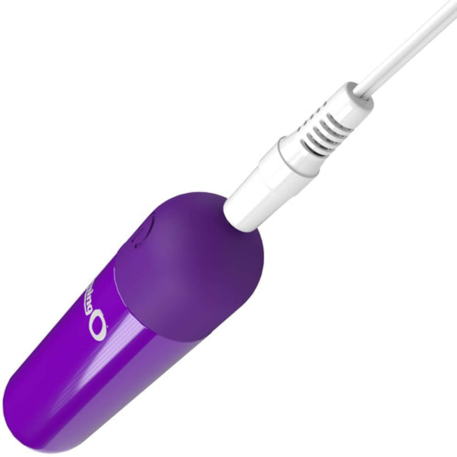 Screaming O Rechargeable Bullet in Purple with charging cable plugged in.