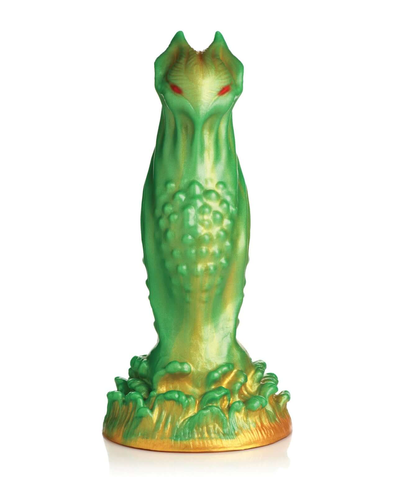 Green and gold Nebula Alien Silicone Dildo with textured bumps, red eyes, and a swollen center for enhanced pleasure.