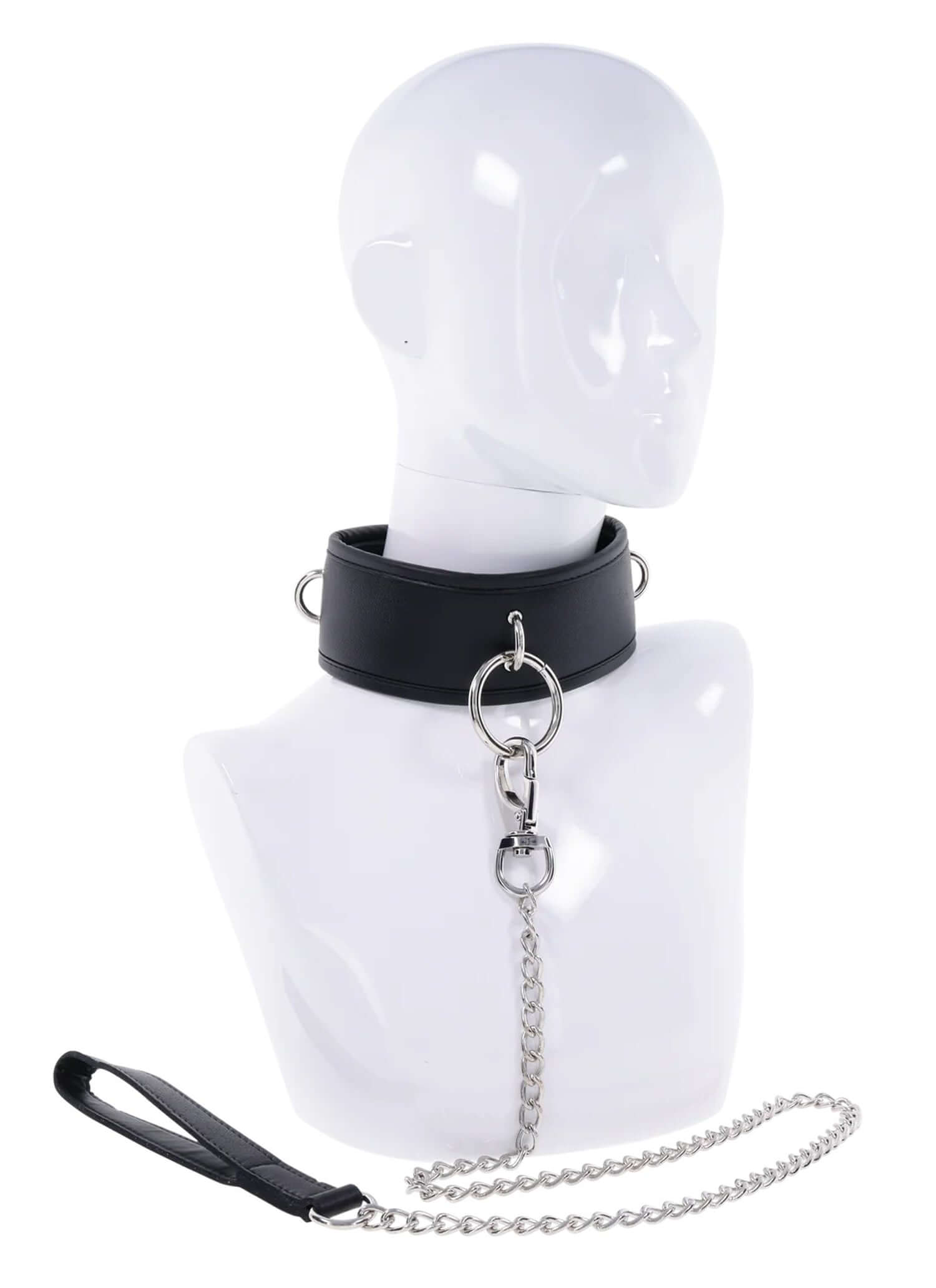 Edge collar and leash in black faux leather with silver hardware on a display mannequin. Perfect for comfort and control.