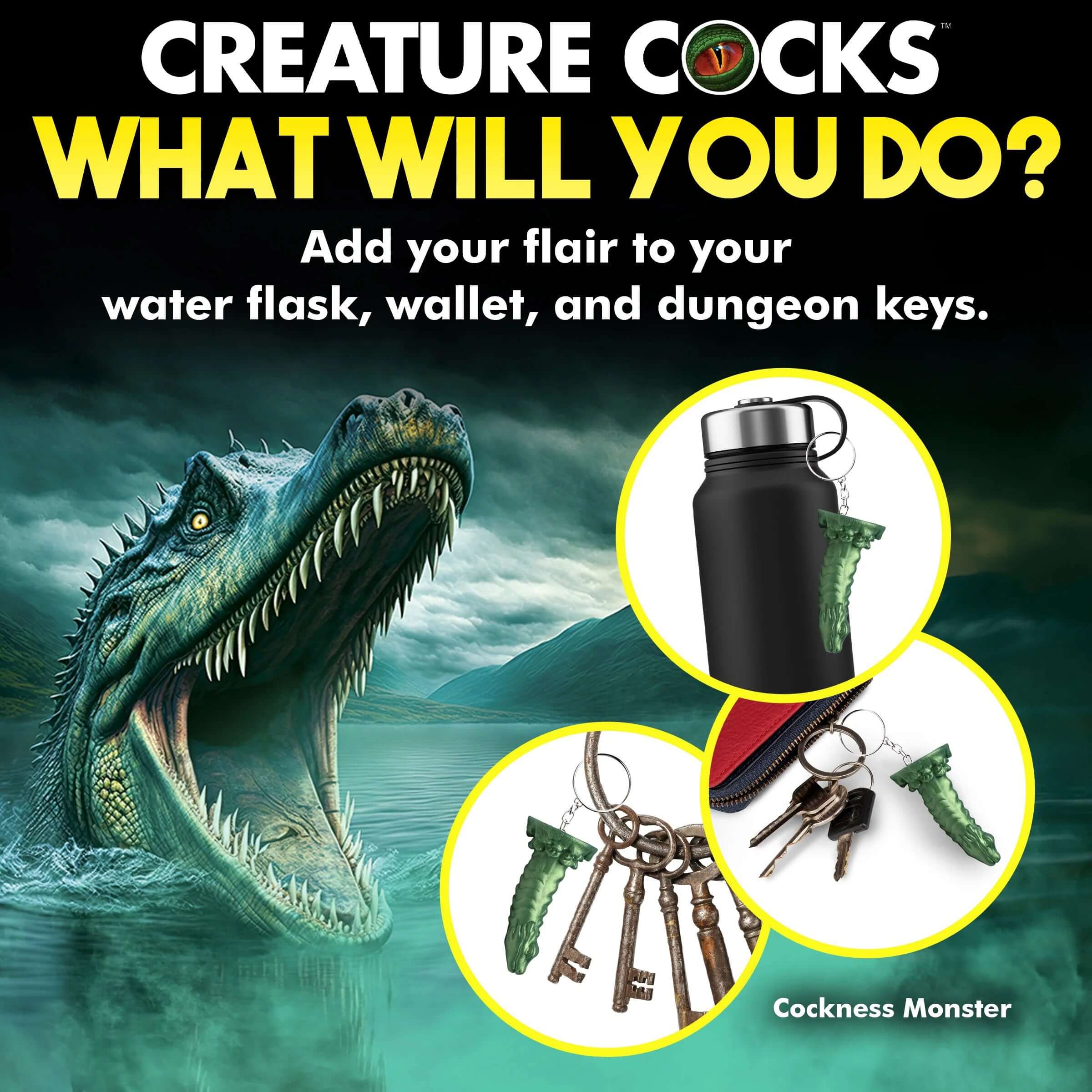 Green Cockness Monster keychain attached to a water flask, wallet, and dungeon keys with a loch ness monster in the background