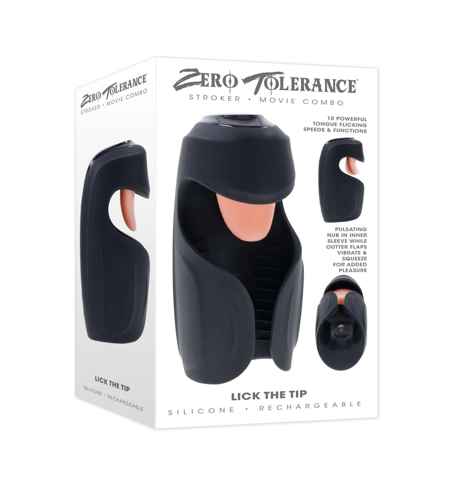 Lick the Tip tongue flicking stroker by Zero Tolerance, featuring silicone, rechargeable design, and multiple functions for pleasure.