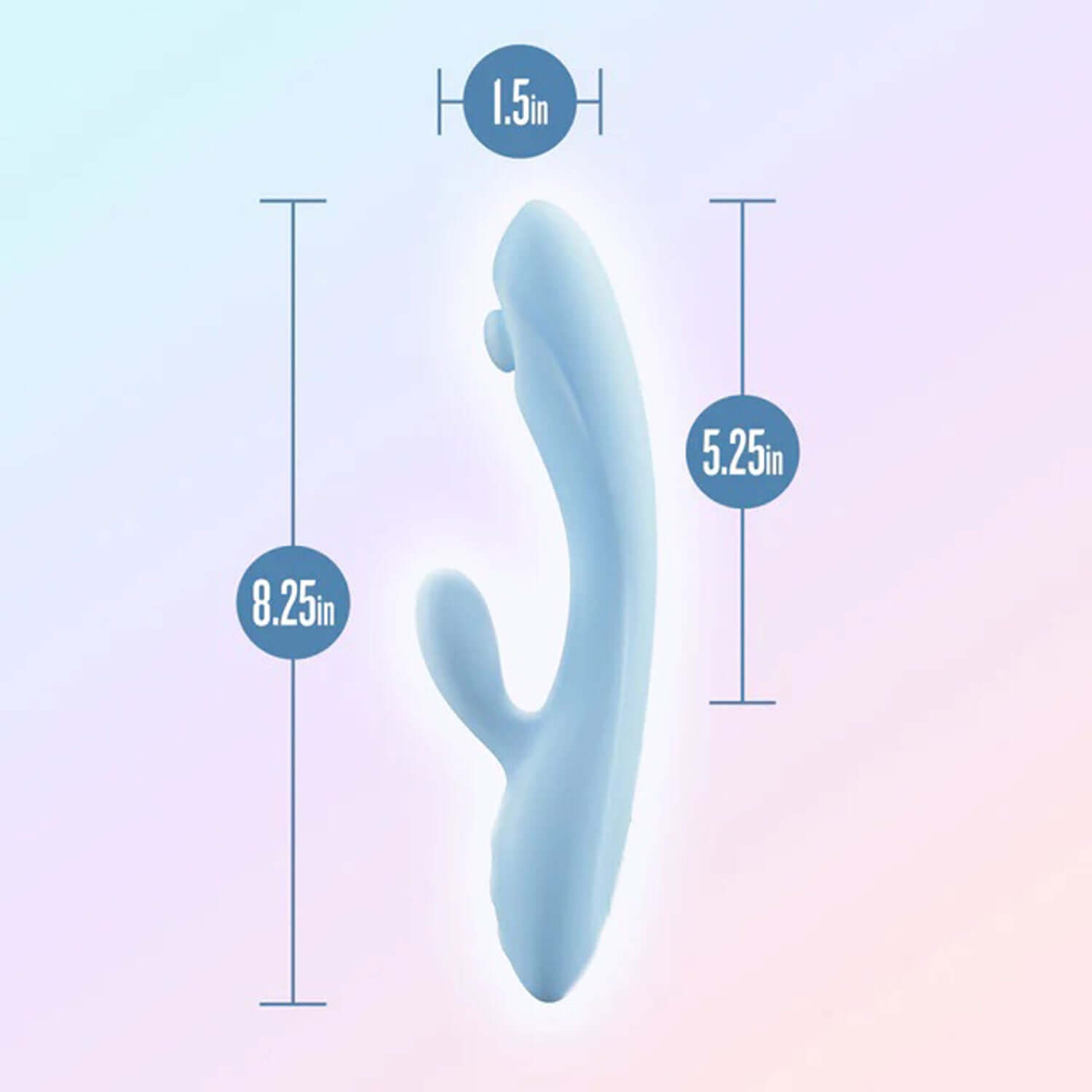 Play With Me Moondust Magic Blue rabbit massager dimensions: 8.25in length, 5.25in insertable length, 1.5in diameter.