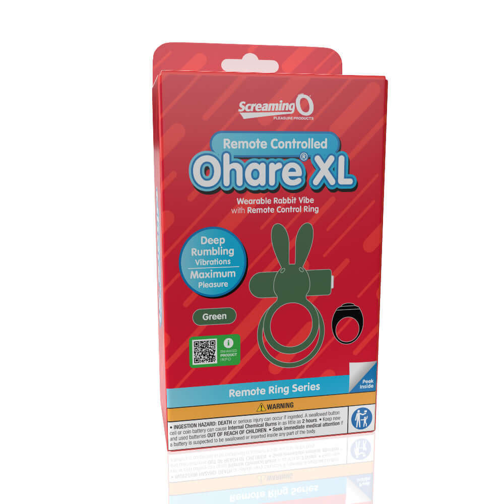 Screaming O Remote Controlled Ohare XL Vibrating Ring - Green packaging showing product features and benefits