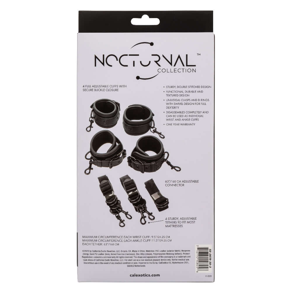 Packaging of Nocturnal Collection Bed Restraints showing cuffs, connectors, and adjustable straps