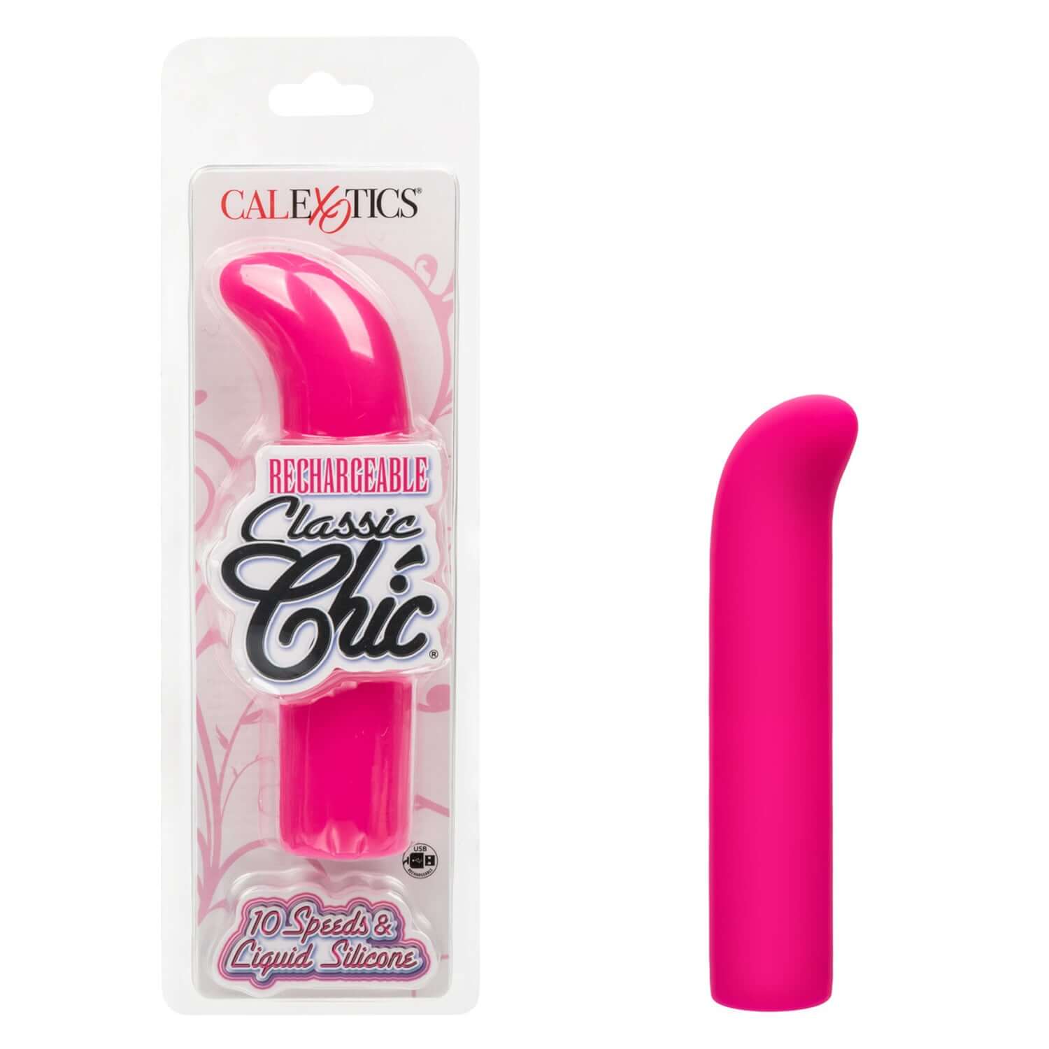 Rechargeable Classic Chic Mini “G” massager in pink packaging, featuring 10 speeds and crafted from liquid silicone.