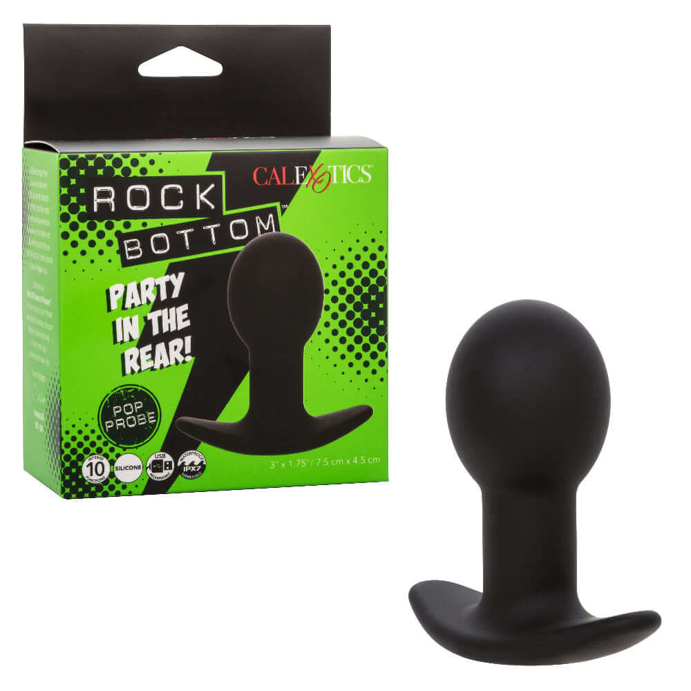 Rock Bottom Pop Probe - Black, 10 function intense vibrator and anal toy with box packaging