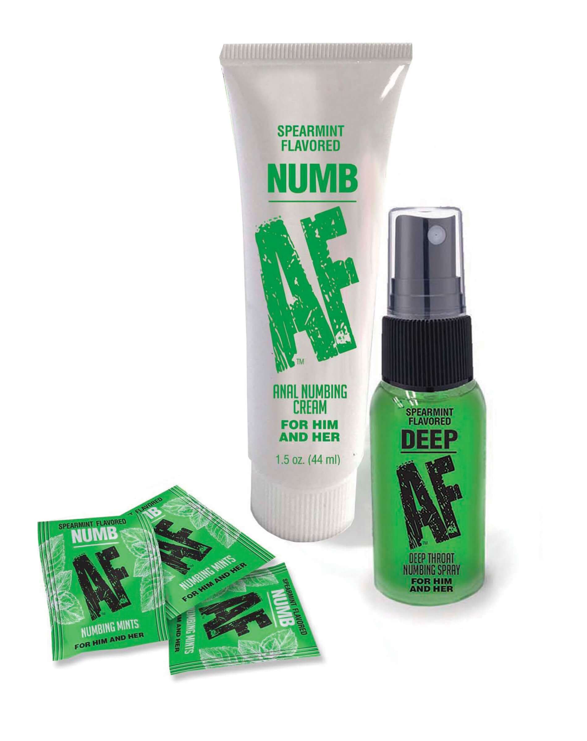 Numb AF desensitizing collection including spearmint-flavored anal numbing cream and deep target spray for pain relief.