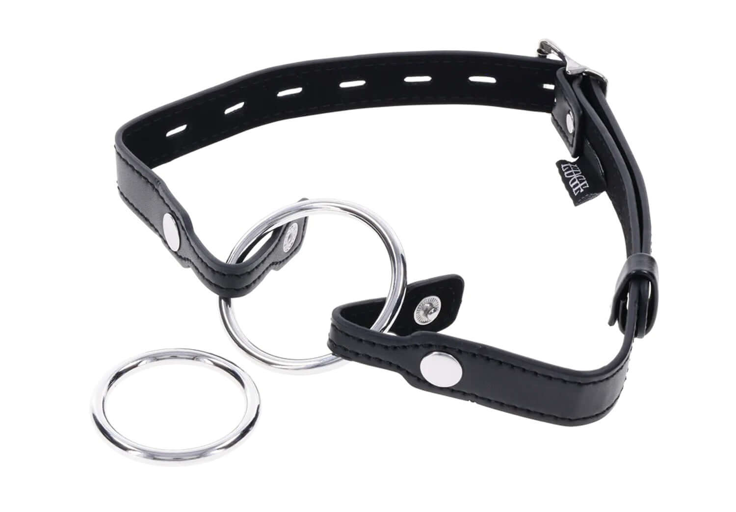 Edge Interchangeable Ring Gag in black leather with detachable stainless steel rings for customizable control.