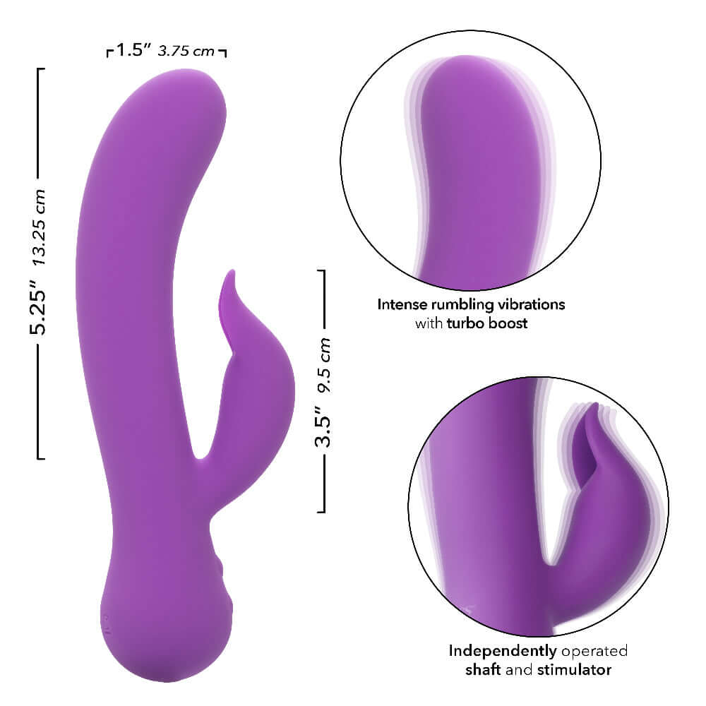 First Time Rechargeable Rabbit Pleaser in purple with dual stimulation, intense vibrations, and independently operated shaft and stimulator.