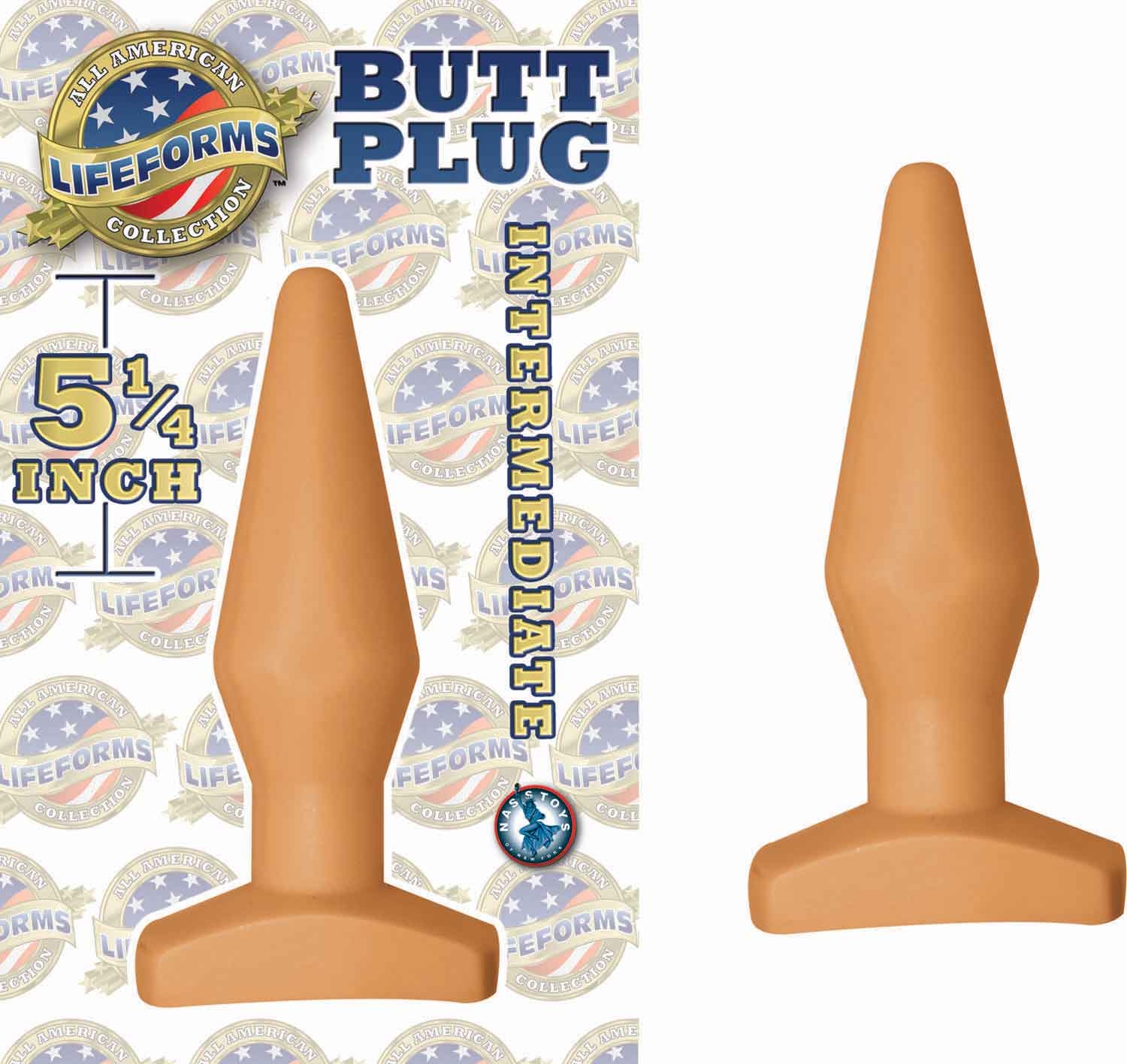 Lifeforms medium butt plug with 5.25 inch length, flesh-toned, flexible material and flanged base for intermediate users.