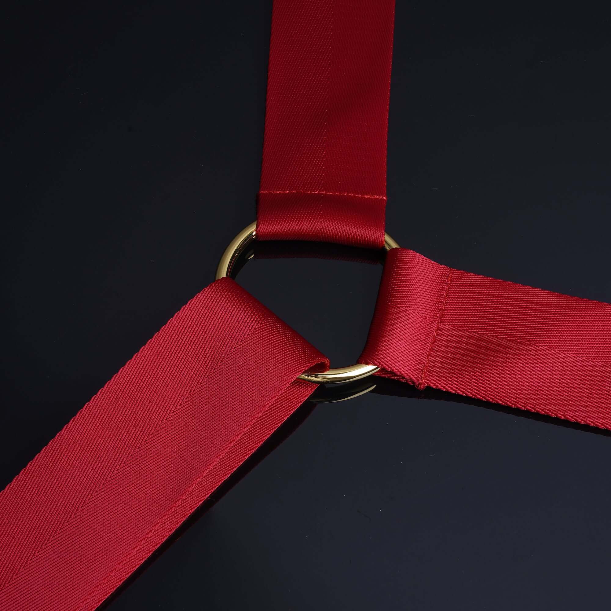 Close-up of Bowknot Bed Restraint Straps with gold ring, showcasing elegant red fabric design for playful bondage.