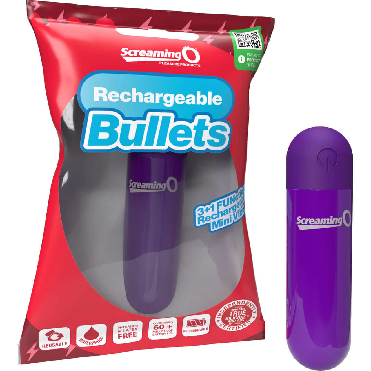 Screaming O Rechargeable Bullet - Purple in packaging and displayed outside, showcasing compact design and vibrant color