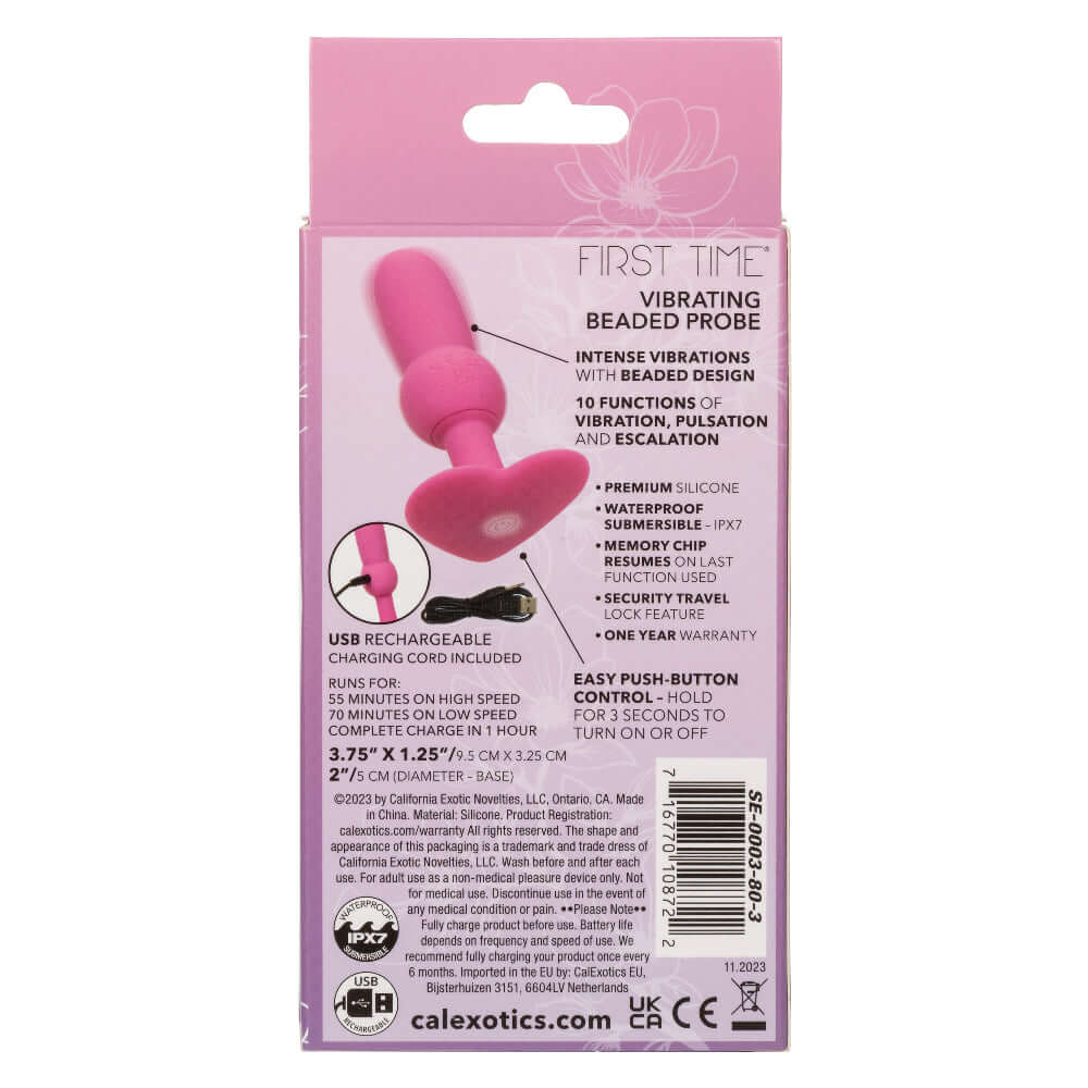 Packaging of First Time Vibrating Beaded Probe in pink highlighting 10 vibration functions and USB rechargeable feature.