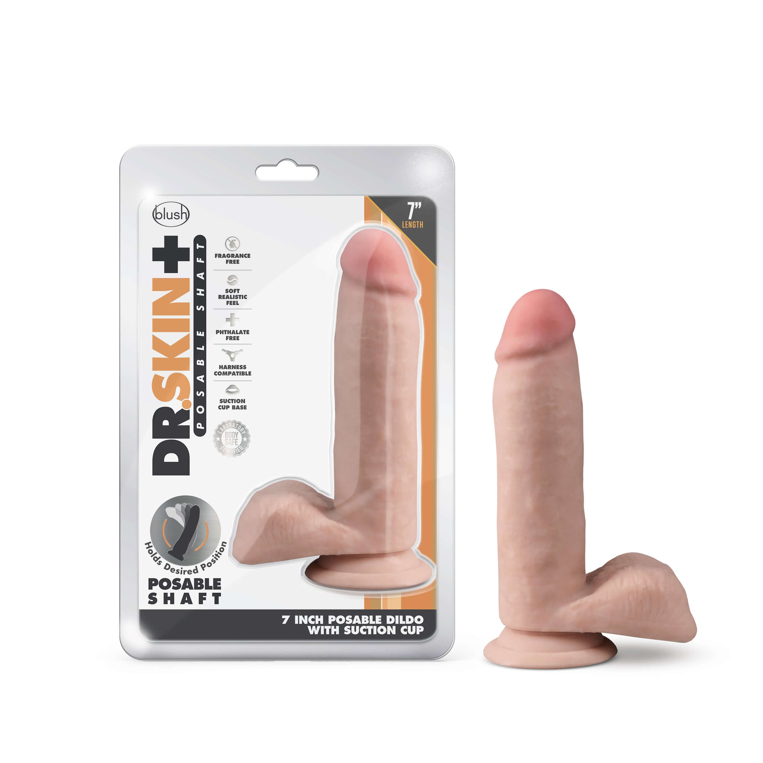 Dr. Skin Plus 7 Inch Posable Dildo With Balls in Vanilla - Packaging and Product View