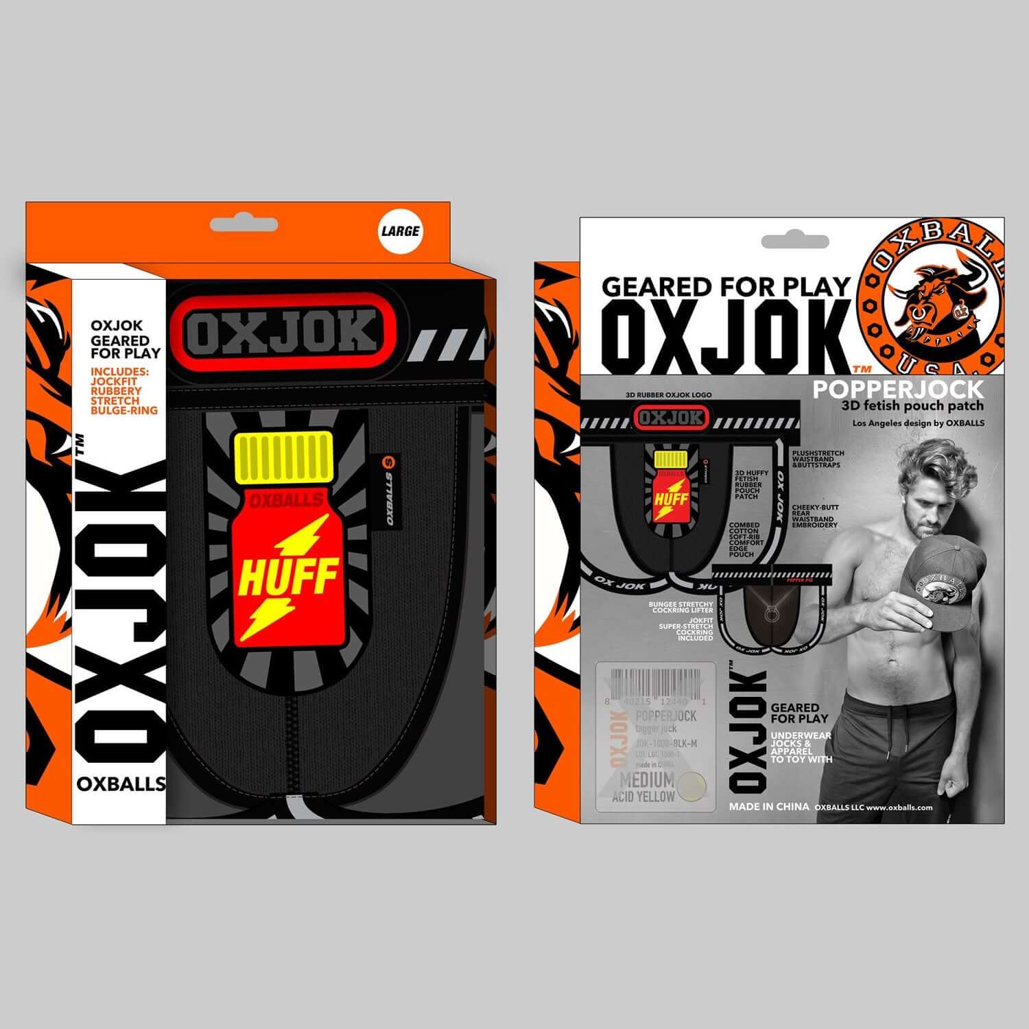 Pjock 3D Rubber Patch Pouch Black/Red Large with popperjock jockstrap packaging showing Oxjok branding and comfort design features