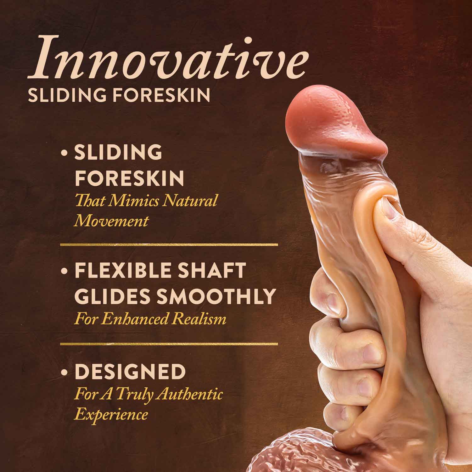 Hand holding a realistic dildo showcasing innovative sliding foreskin and flexible shaft for enhanced realism and authentic experience.