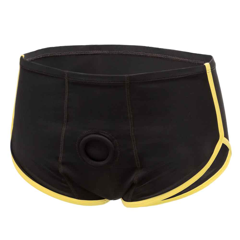 Boundless Black and Yellow Brief in size 2x/3x, discrete harness design with soft, stretchy materials for comfort and under-clothes wear.