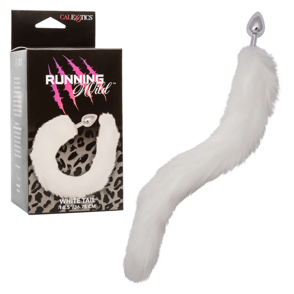 Running Wild Tail Anal Plug - White with luxurious long tail and streamlined metallic probe shown next to its packaging box