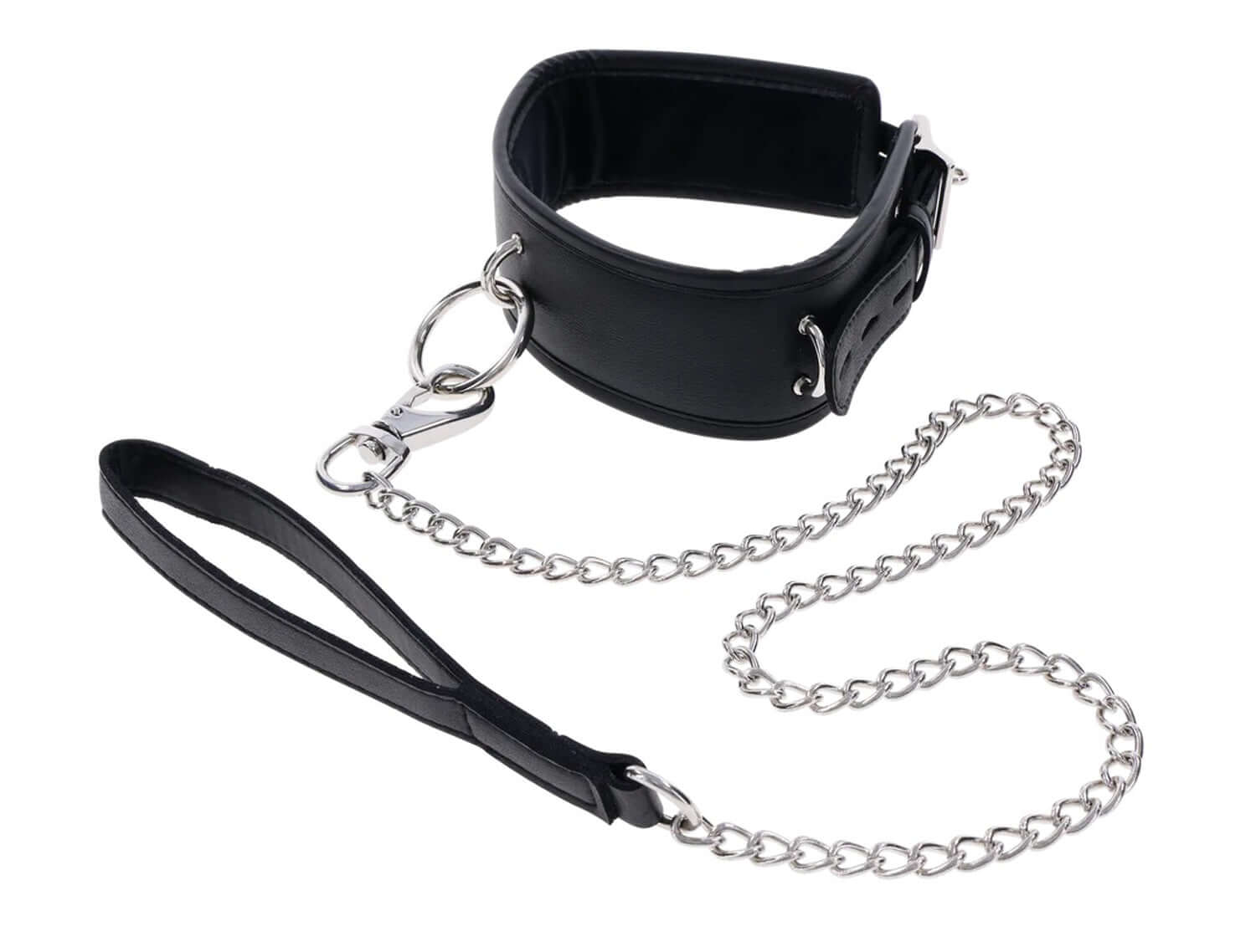 Edge Collar and Leash in black faux leather with silver metal hardware and chain, designed for comfort and control.