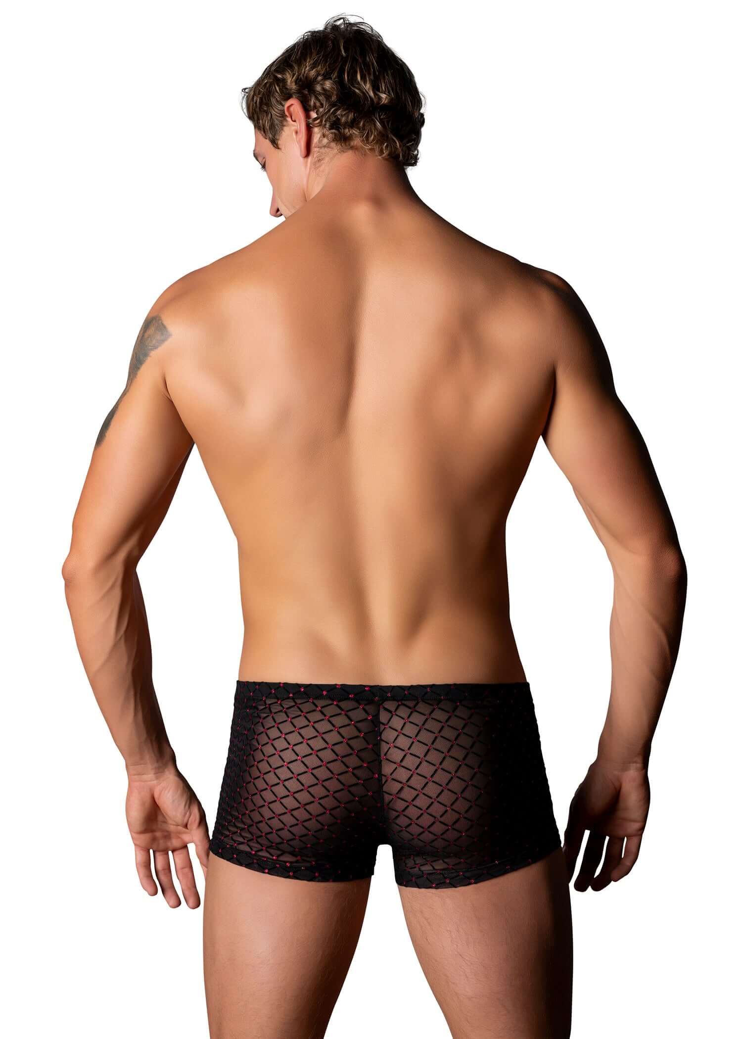 Back view of a man wearing Widow Maker Mini Pouch Short in black, showcasing stylish design and comfortable fit.