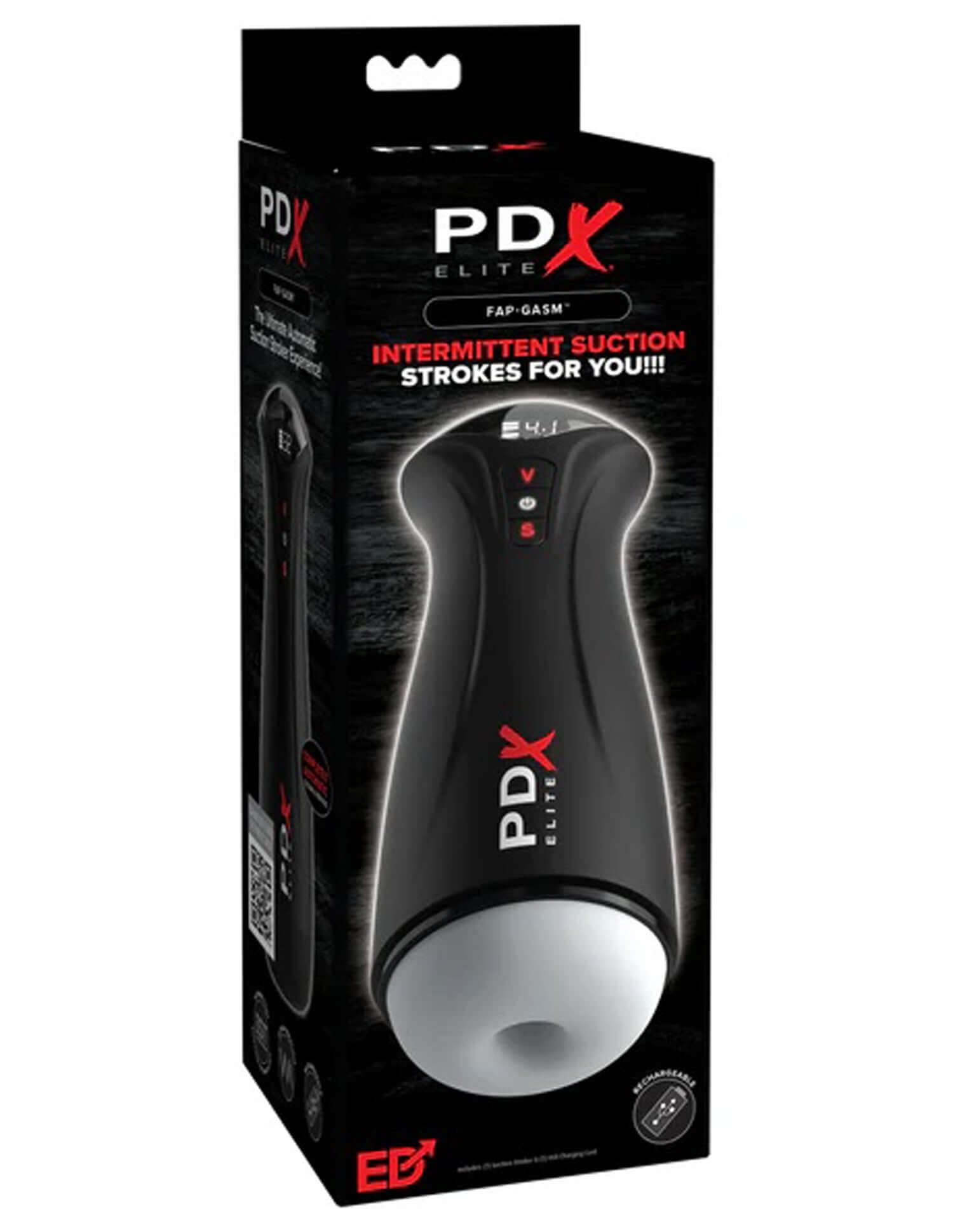 PDX Elite Fap-Gasm realistic suction stroker packaging with feature highlights for enhanced pleasure sessions.