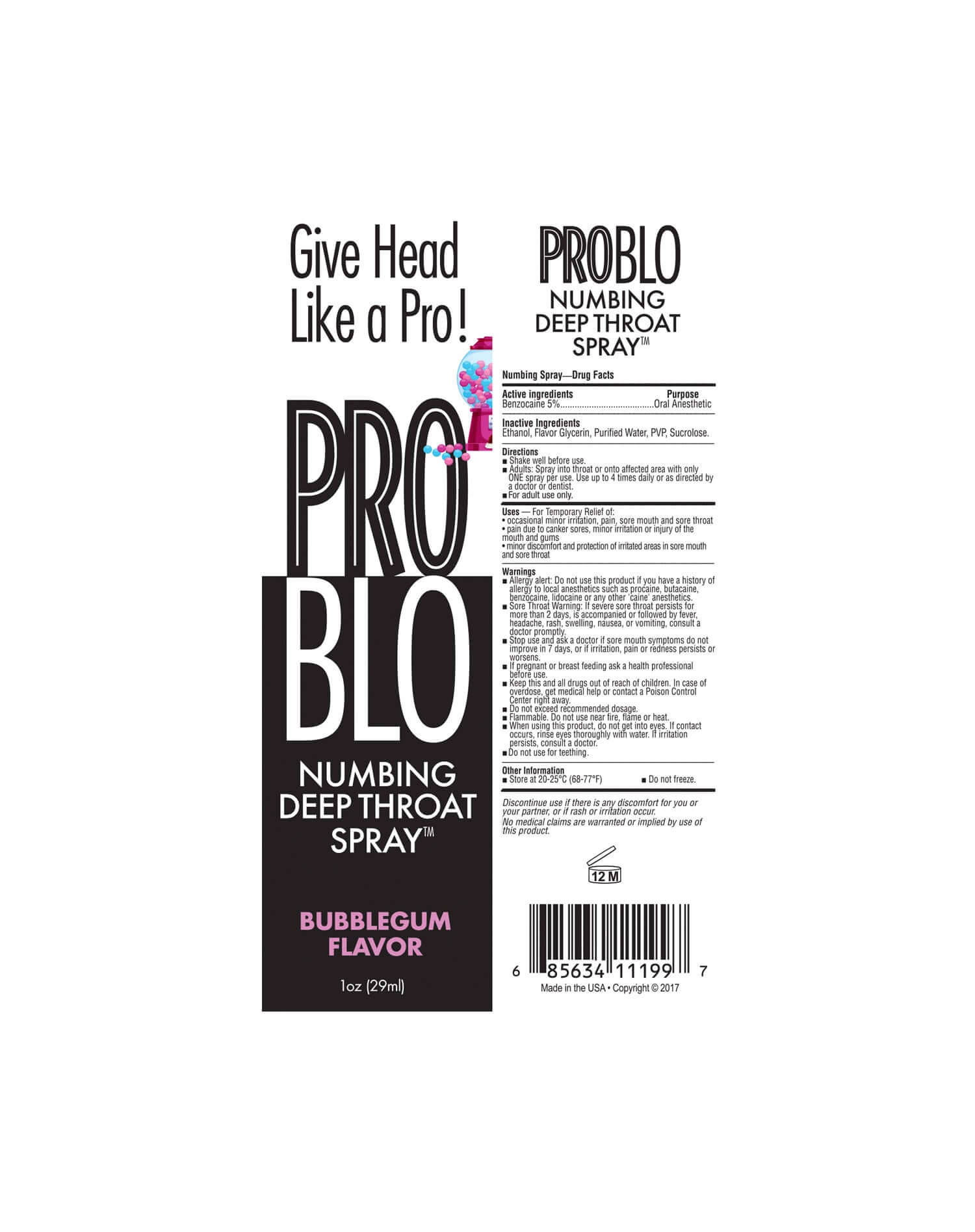 Pro Blo Throat Numbing Spray Bubblegum flavor packaging 1oz, oral desensitizer for reducing gag reflex.