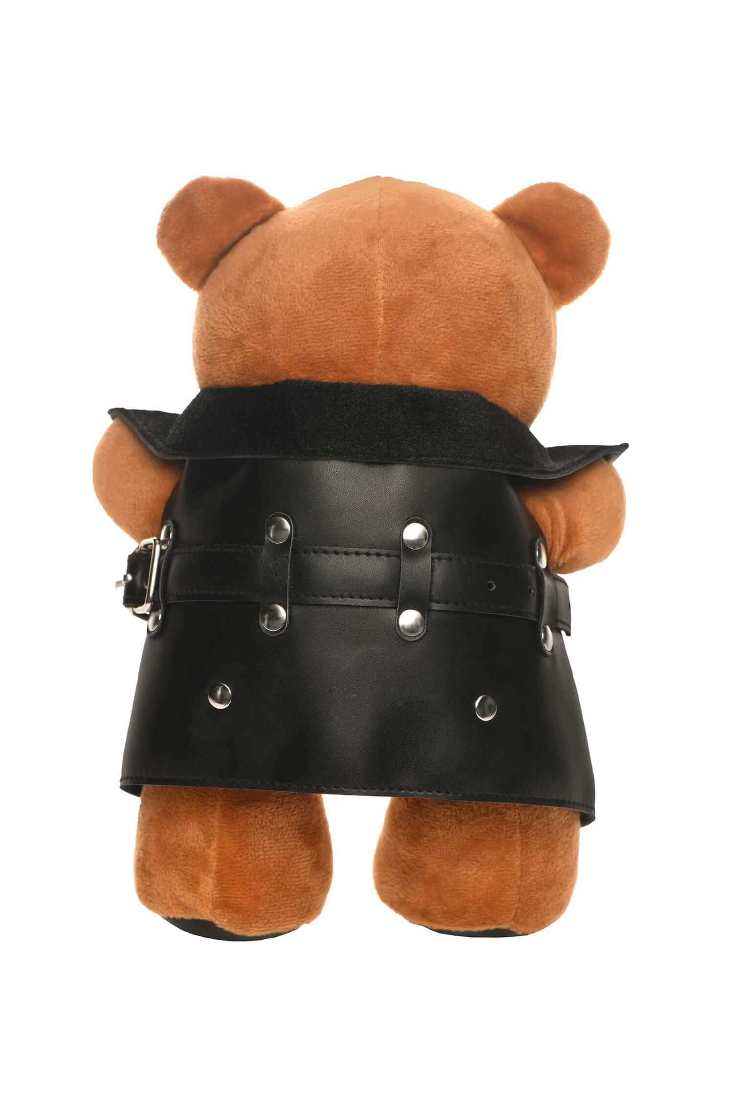 Flasher Exhibitionist Teddy Bear Plush in black leather outfit, perfect gag gift, cuddly collectible for Littles or aftercare.