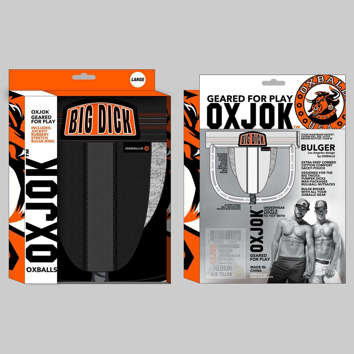 Packaging of Oxballs OxJok Bulger the Big Pouch Jock Black Iron Large with bold "Big Dick" label and geared for play branding