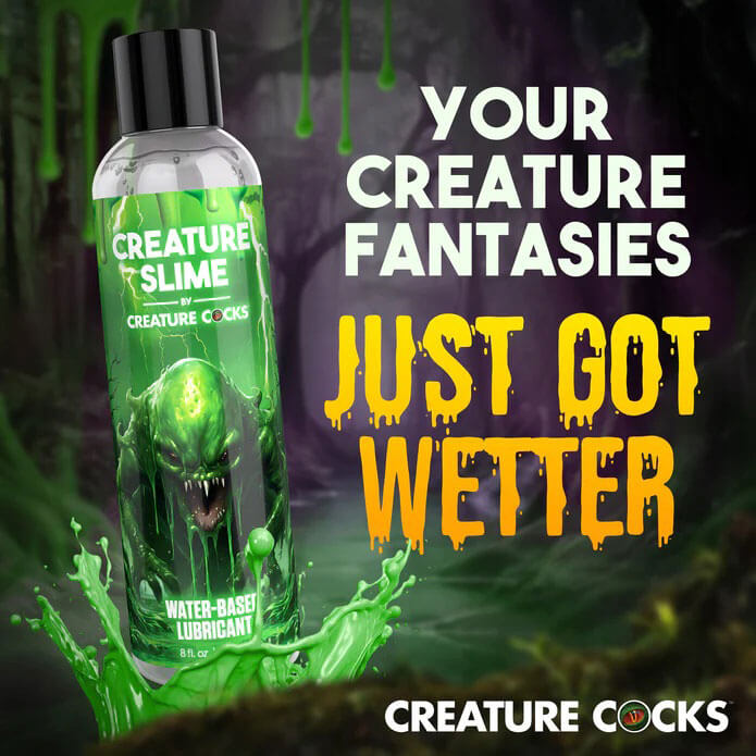 Creature Slime Water-Based Lubricant 8oz bottle with green slime branding and text "Your Creature Fantasies Just Got Wetter"