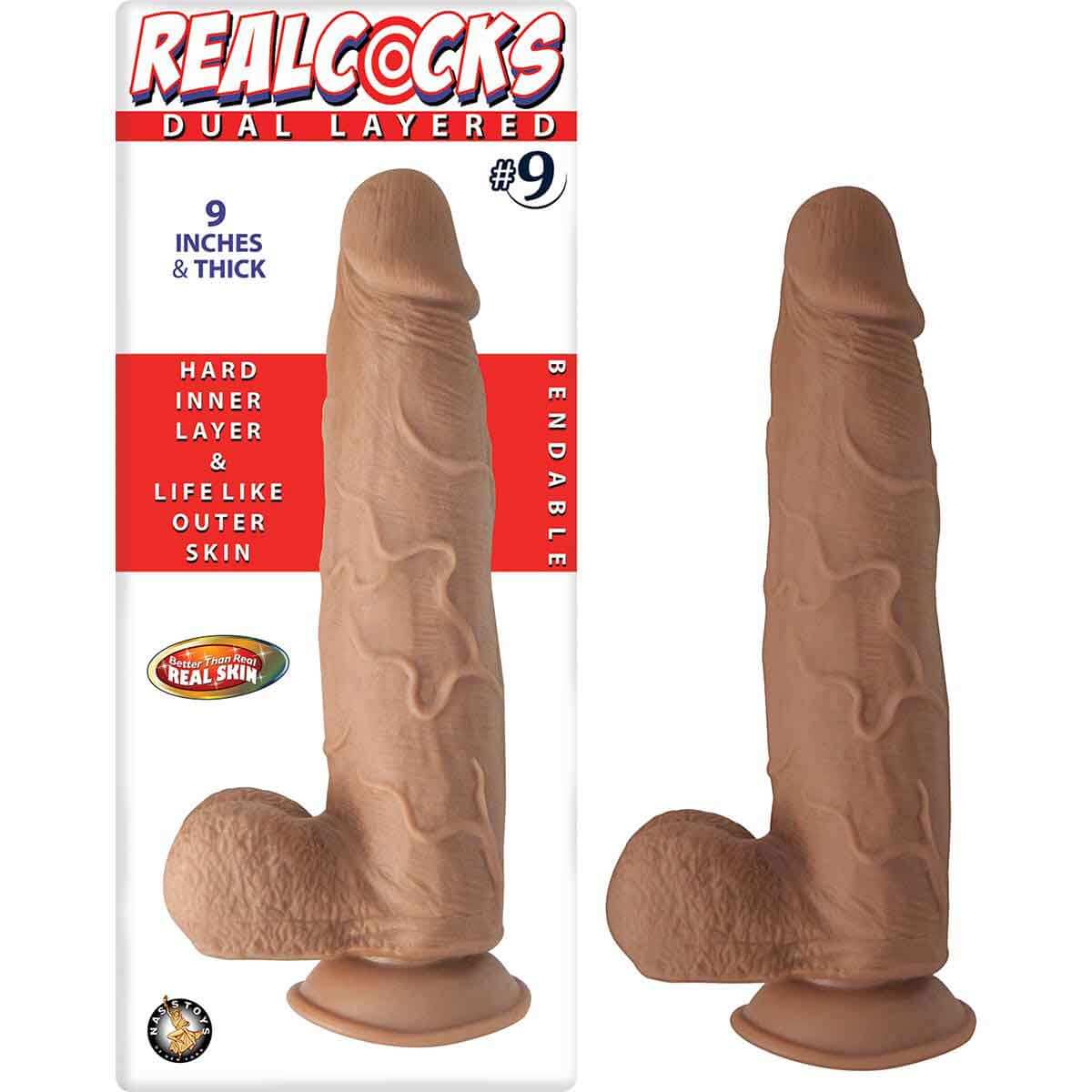 Realcocks Dual Layered Dildo Brown 9 inches thick lifelike veiny texture realistic shape with testicles ขั้นสูง